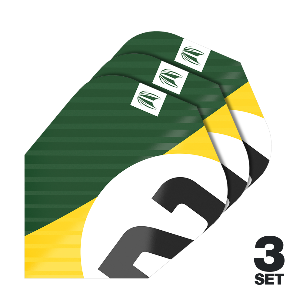 Target Pro Ultra Chicane Groen Ten-X Flights - 3 sets Das Bild zeigt drei Dart-Flights im grünen, gelben und weißen Design. Unten rechts steht "3 SET", was auf drei Sets hinweist.