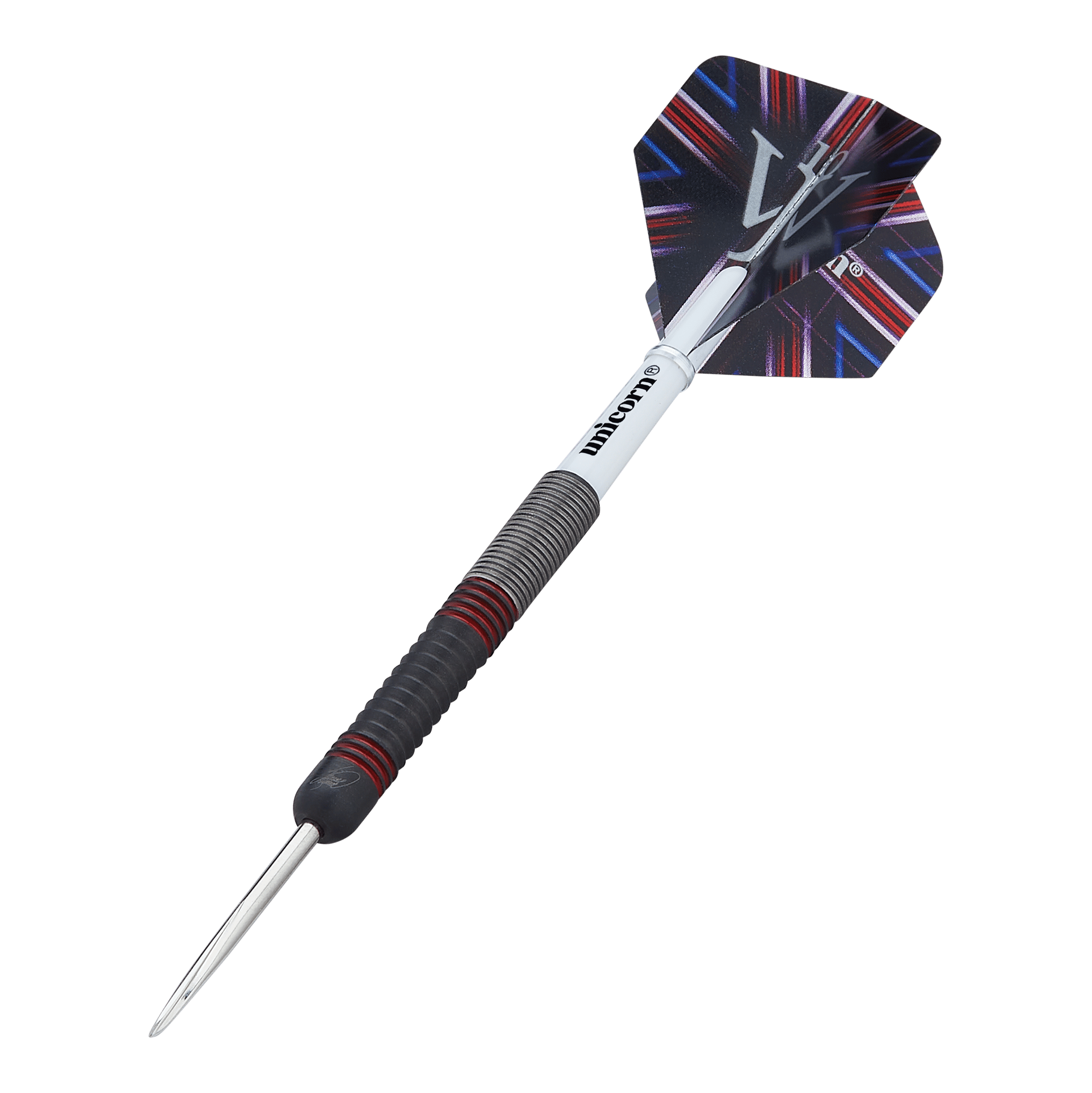 Unicorn The Machine James Wade 80% stalen darts Das Bild zeigt einen Steeldart namens "Unicorn The Machine James Wade 80%". Der Dart hat ein schwarz-rotes Griffstück und ein auffälliges Flight-Design.