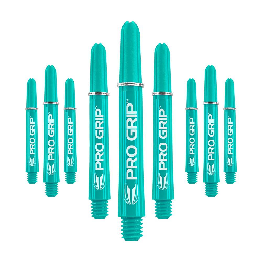 Target Pro Grip Shafts - 3 sets - Aqua Das Bild zeigt neun aqua-farbene Dartschäfte mit der Aufschrift "PRO GRIP". Sie sind in drei Reihen angeordnet und haben ein einheitliches Design.