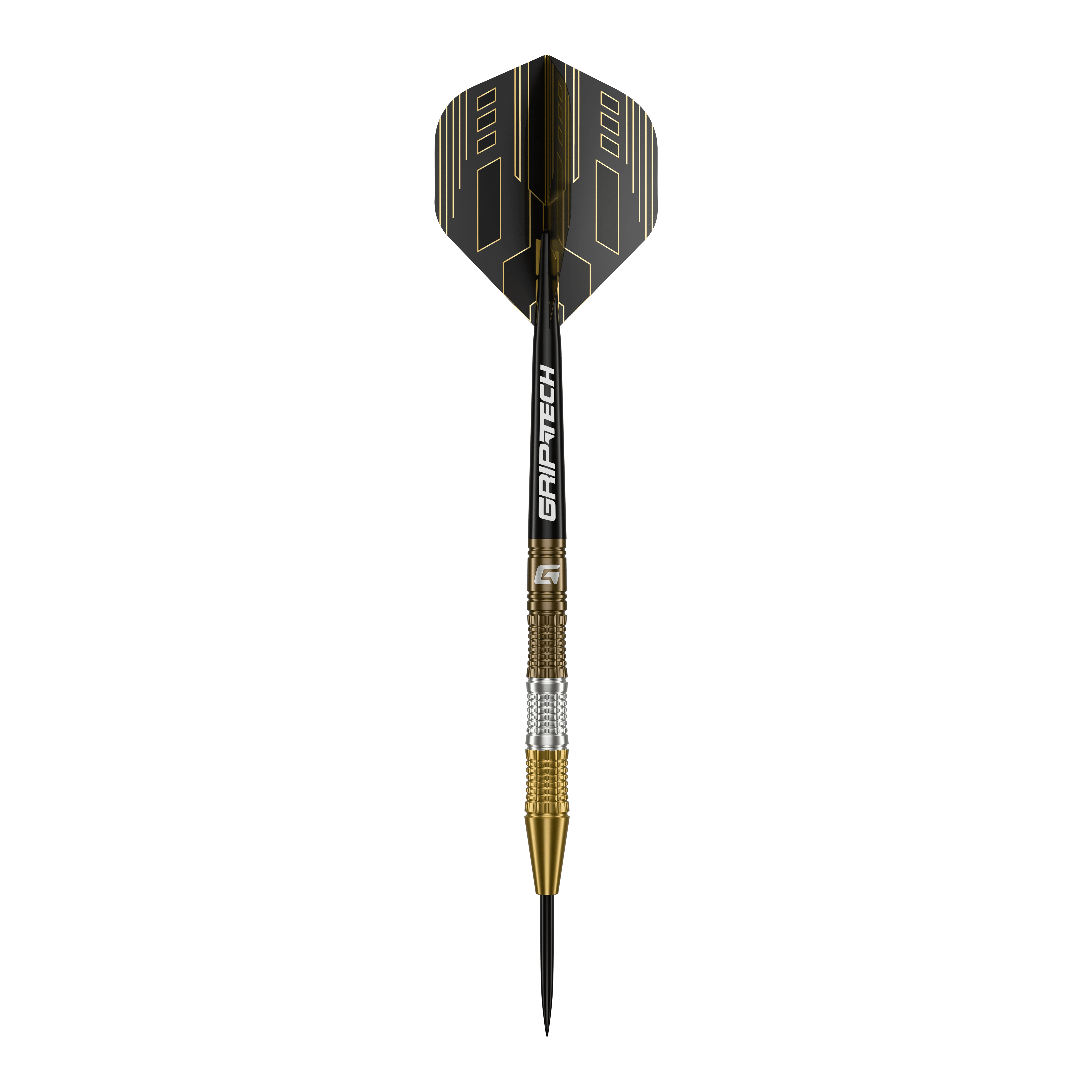 GOAT Ceremony Tungsten Steel Darts Das Bild zeigt einen GOAT Ceremony Tungsten Steeldart mit einem eleganten Design in Gold, Silber und Schwarz. Auf dem Schaft steht der Schriftzug "GRIP-TECH".