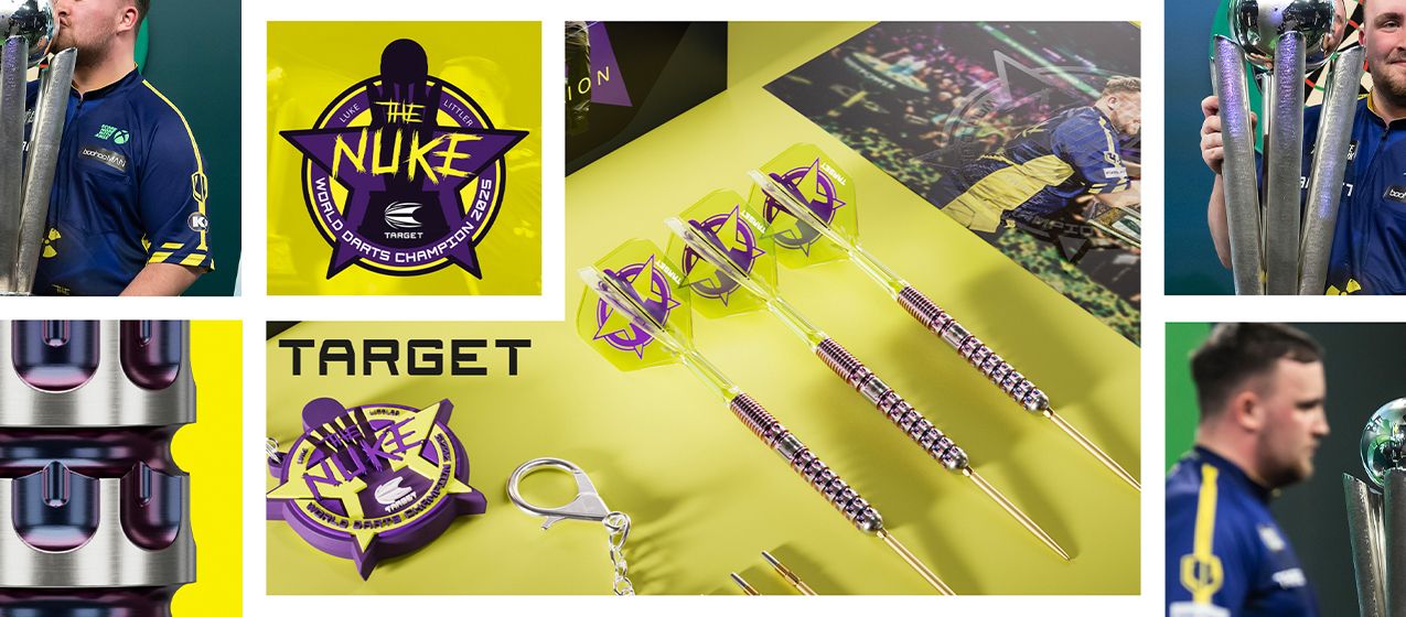 Das Bild zeigt Collagen von einem Dartspieler, der einen Pokal hält, und verschiedenen Dartutensilien auf gelbem Hintergrund. In der Mitte sind drei Darts und ein Logo mit der Aufschrift „The Nuke – World Darts Champion 2025“ zu sehen.