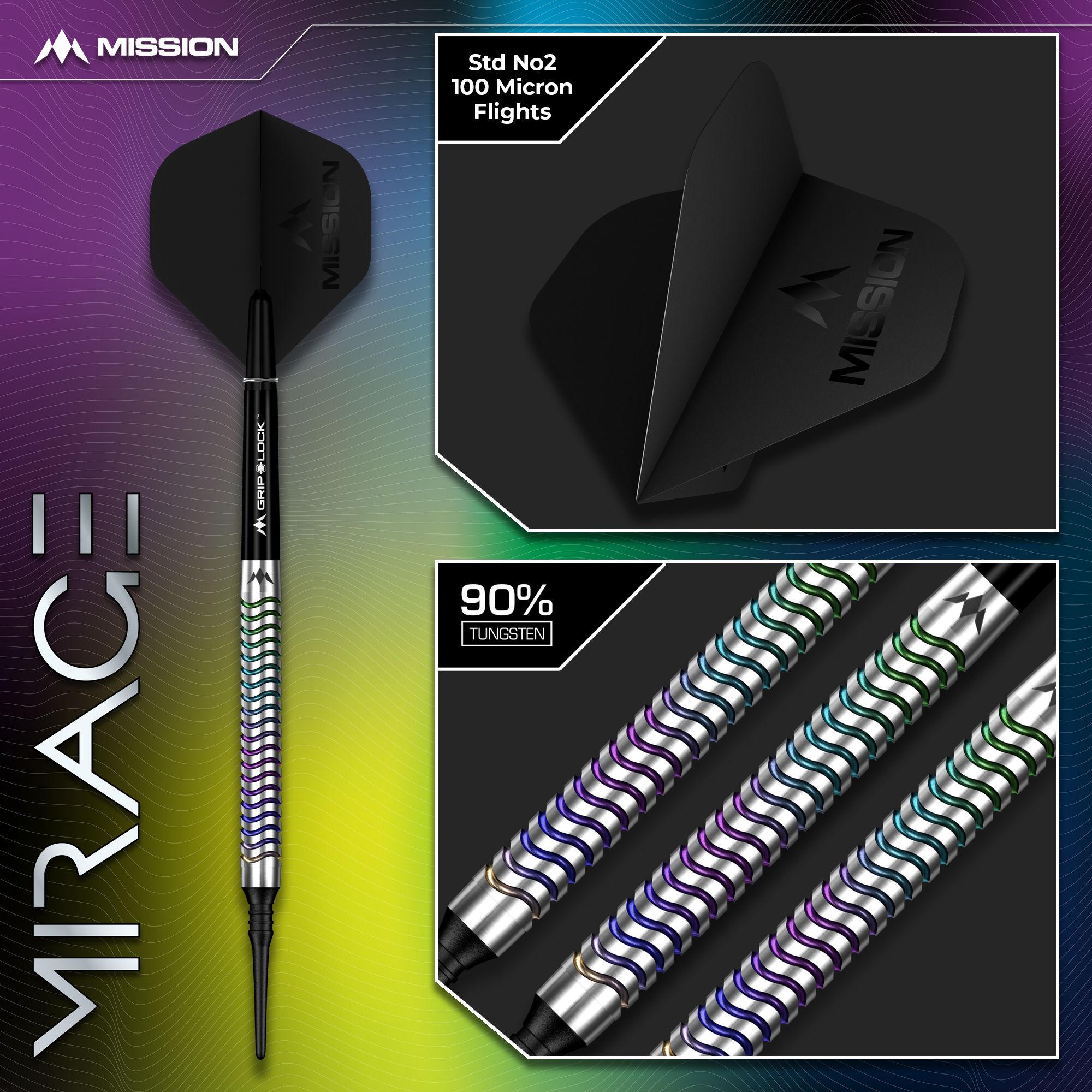 Auf diesem Bild sieht man die Mission Mirage Softdarts - 20g. Die Darts sind gut erkennbar dargestellt.