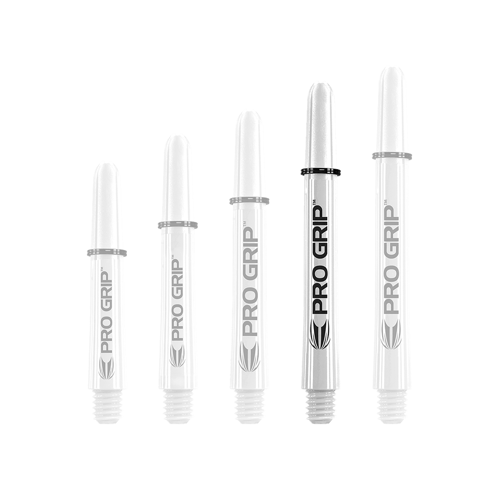 Target Pro Grip Shafts - 3 sets - Wit Auf dem Bild sind fünf weiße Pro Grip Shafts für Dartpfeile in unterschiedlicher Länge zu sehen. Sie sind mit dem Schriftzug "PRO GRIP" und einem schwarzen Ring versehen.