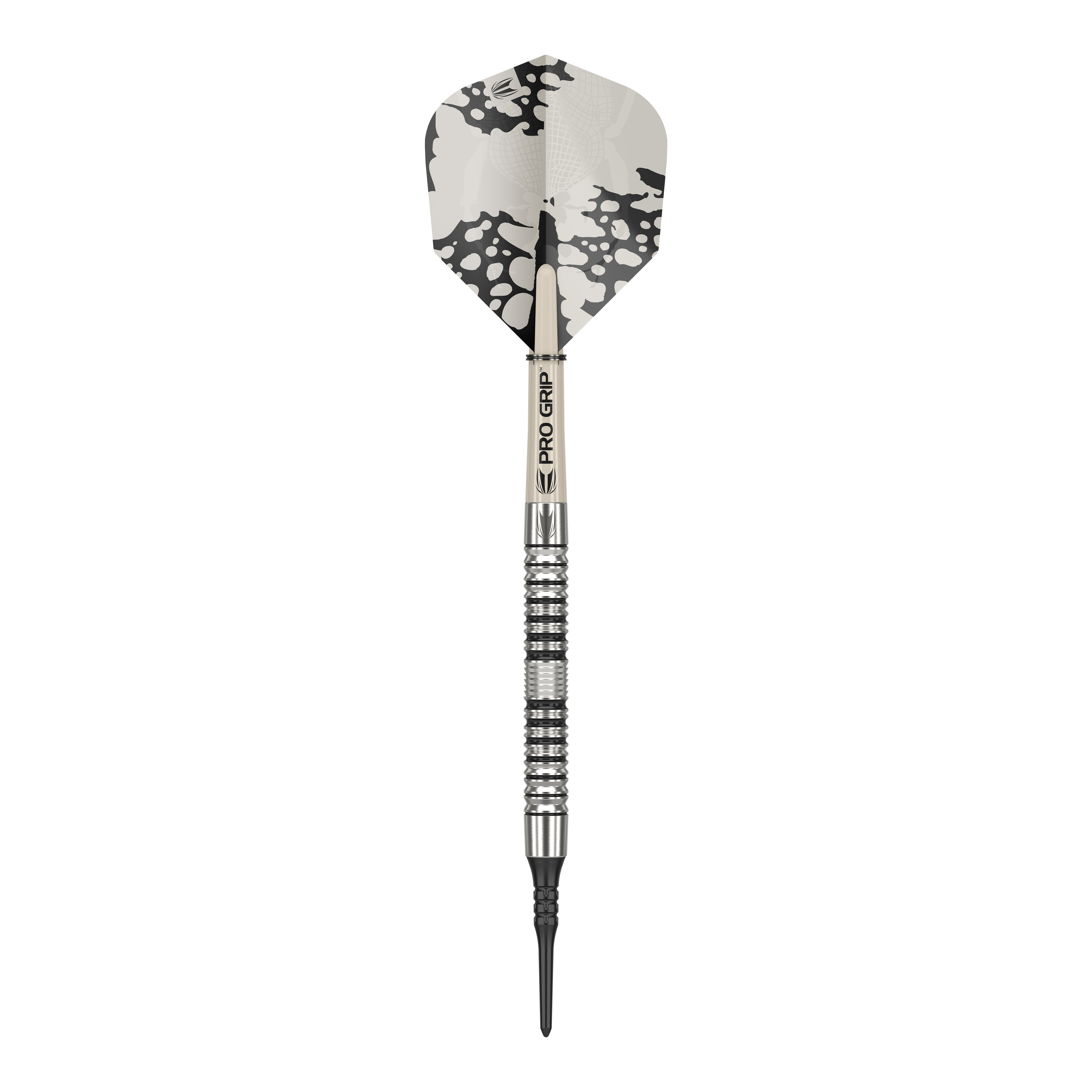 Target EXO 10 Zachte Darts Das Bild zeigt einen Target EXO 10 Softdart. Der Dart hat ein silbernes und schwarzes Design mit einem gemusterten Flight.