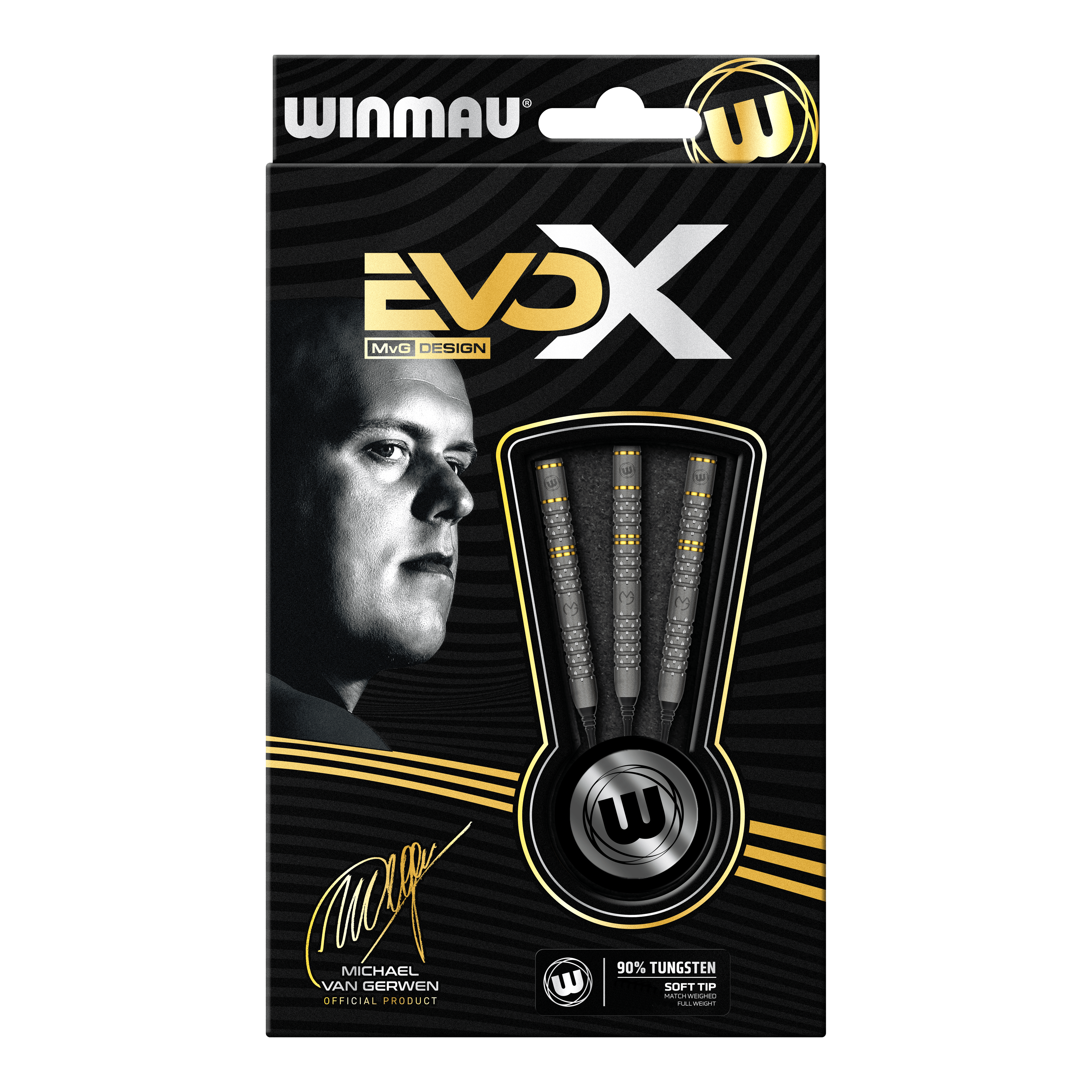 Winmau Michael Van Gerwen Evo-X zachte dartpijlen - 20g Die Abbildung zeigt die Verpackung der "Winmau Michael Van Gerwen Evo-X Softdarts - 20g". Auf der Vorderseite sind drei Softdarts sowie ein Porträt von Michael Van Gerwen zu sehen.