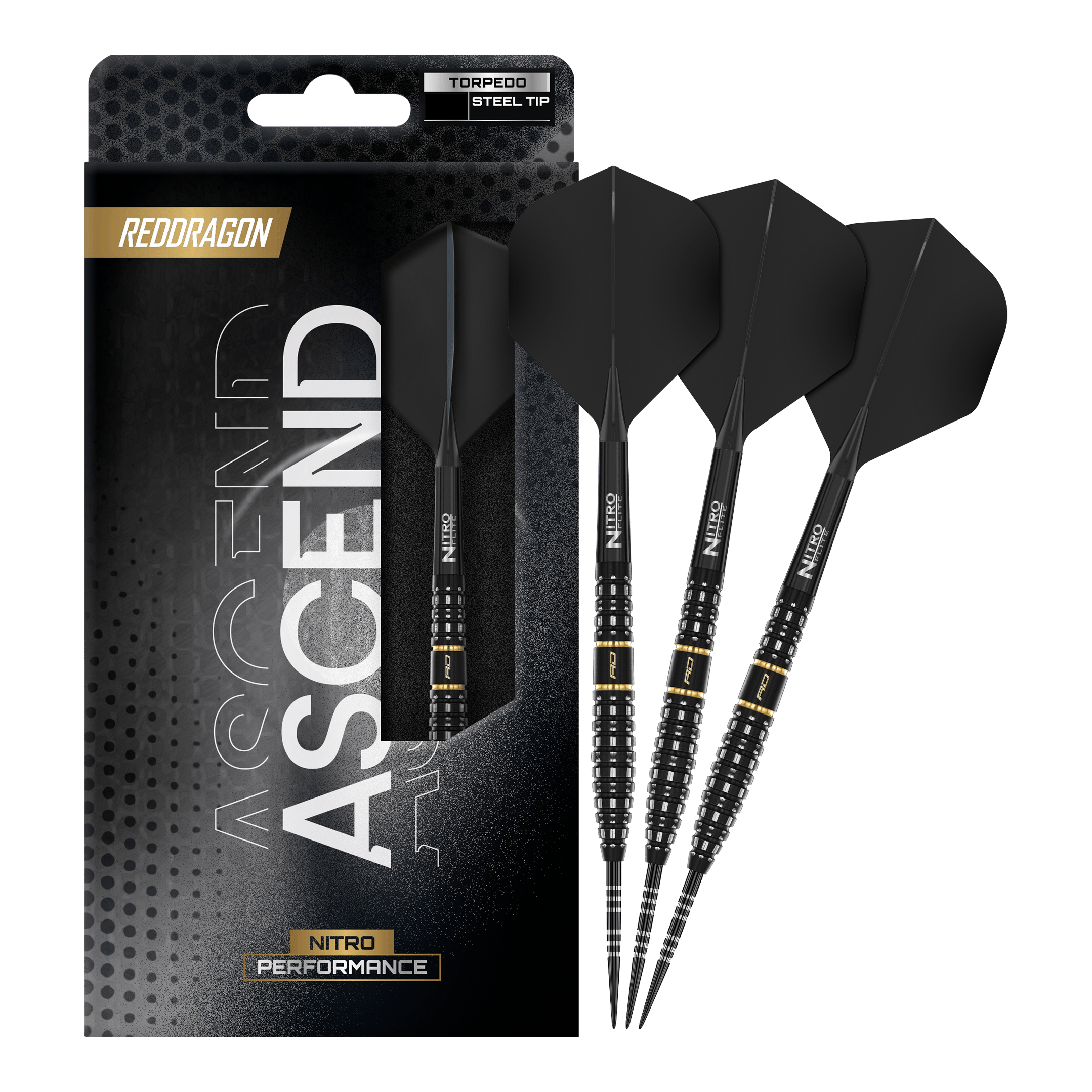 Red Dragon Ascend Torpedo Stalen Pijltjes Zu sehen ist das komplette Set der Red Dragon Ascend Torpedo Steeldarts. Die Aufnahme zeigt alle enthaltenen Komponenten des Produkts.