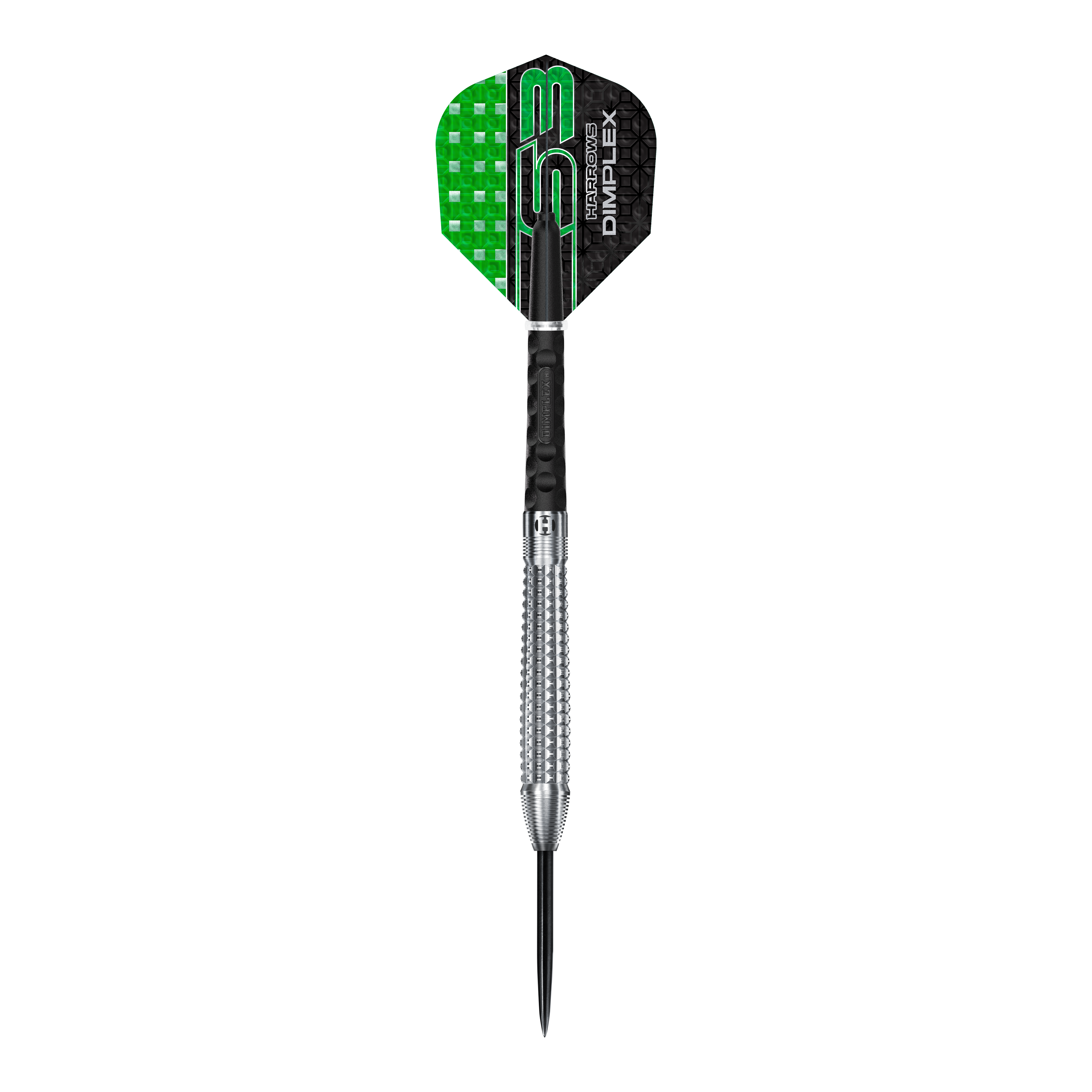 Harrows Dimplex S3 taps toelopende stalen darts Auf dem Bild ist ein Harrows Dimplex S3 Tapered Steeldart zu sehen. Der Dartpfeil hat eine silberne, geriffelte Spitze und grün-schwarze Flights.