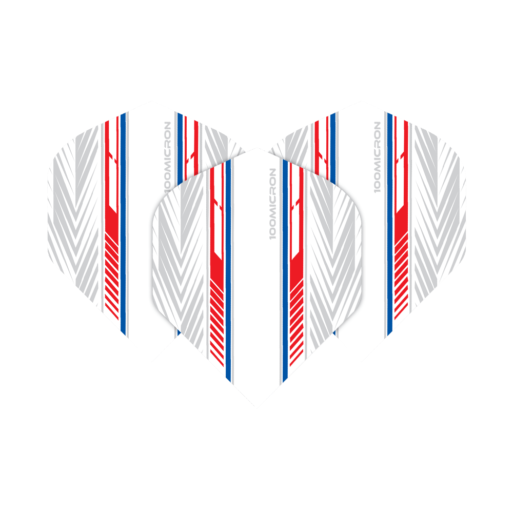 Pentathlon Vluchten wit/rood/blauw Das Bild zeigt die "Pentathlon White Red Blue No2 Standard Flights". Die Flights sind überwiegend weiß mit roten, blauen und grauen Linienmustern.