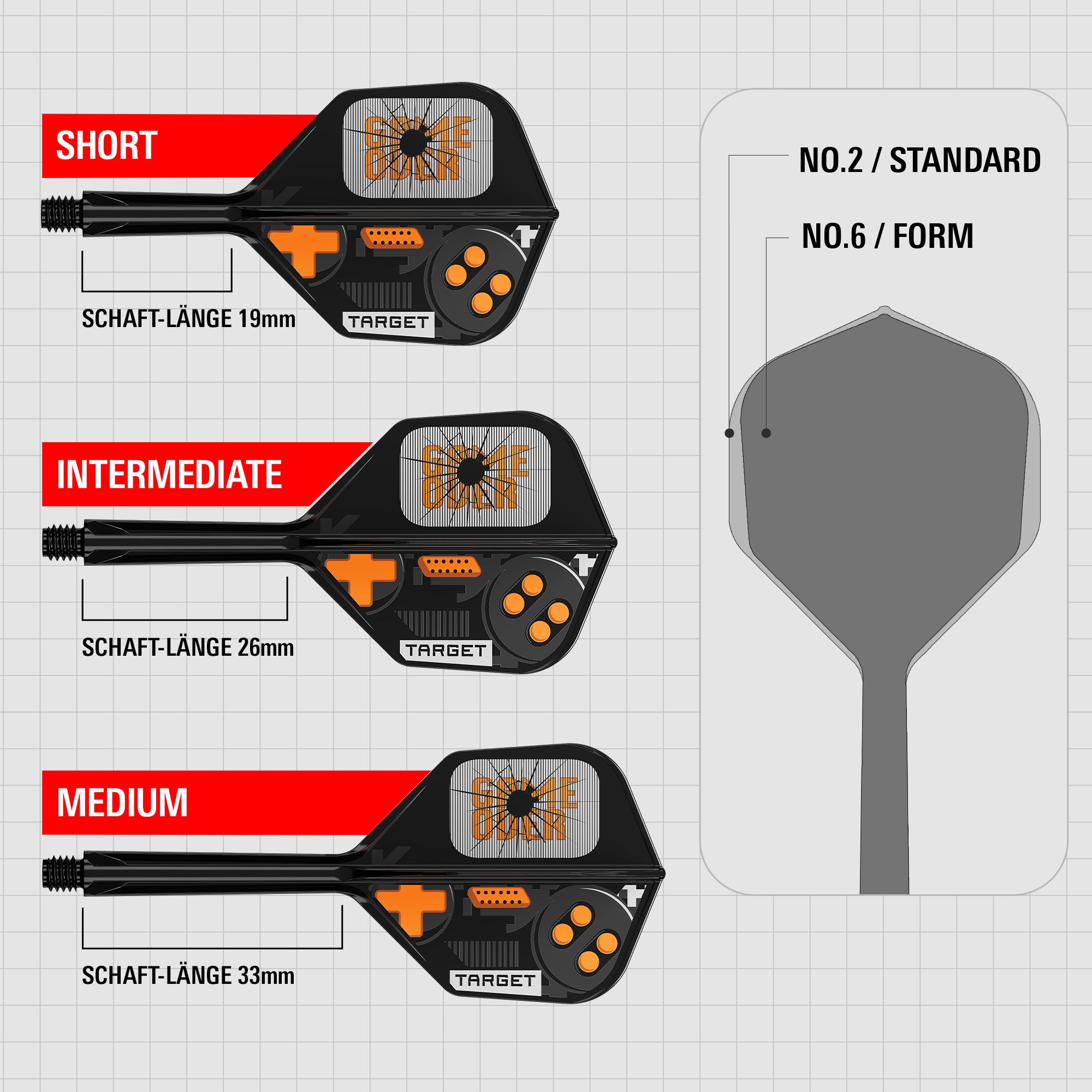 Target K-Flex Game Over No6 Flights Das Bild stellt die Target K-Flex Game Over No6 Flights dar. Diese Flights sind speziell für Darts entwickelt.