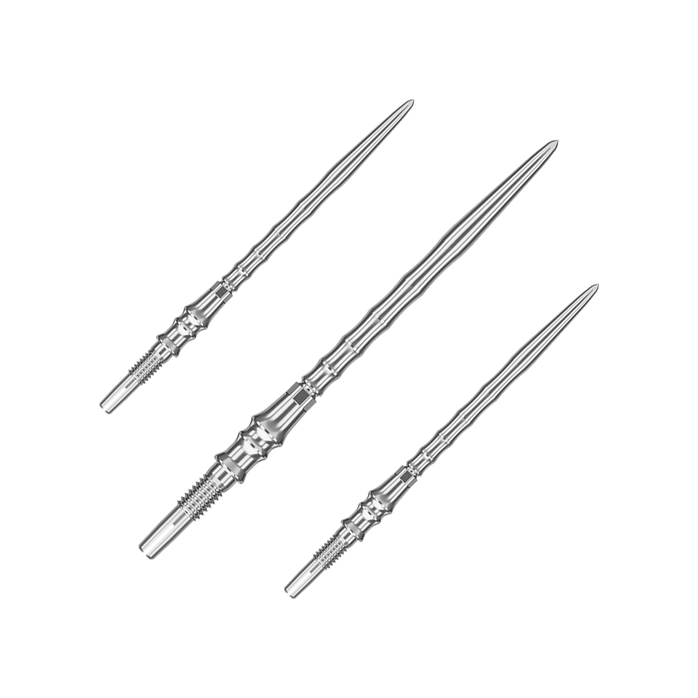 Dieses Bild zeigt ein Set silberner SwissPoint-Dartspitzen mit 40 mm Länge. Die Dartspitzen sind aus der Target Japan Premium Linie.