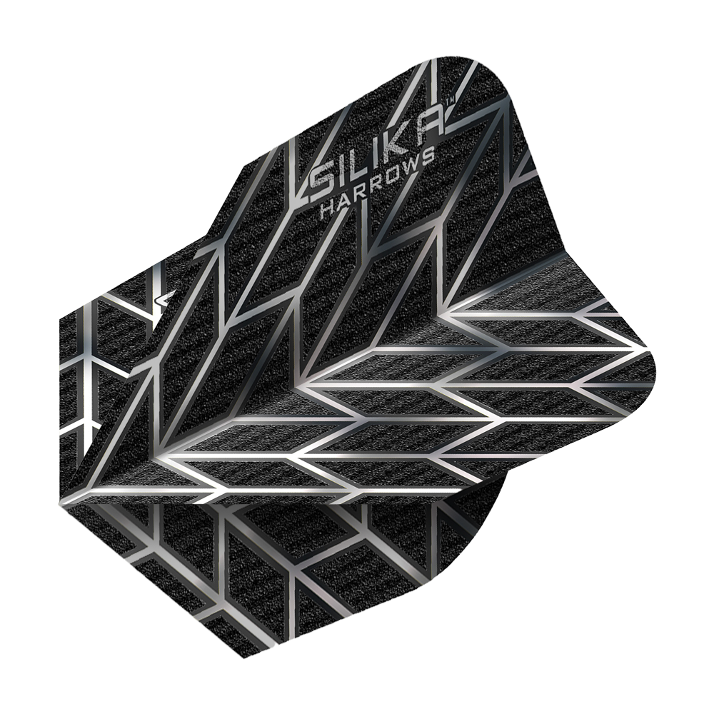 Harrows Silika Monarch No6 Flights in Schwarz und Silber. Die charakteristische Form ist gut erkennbar.