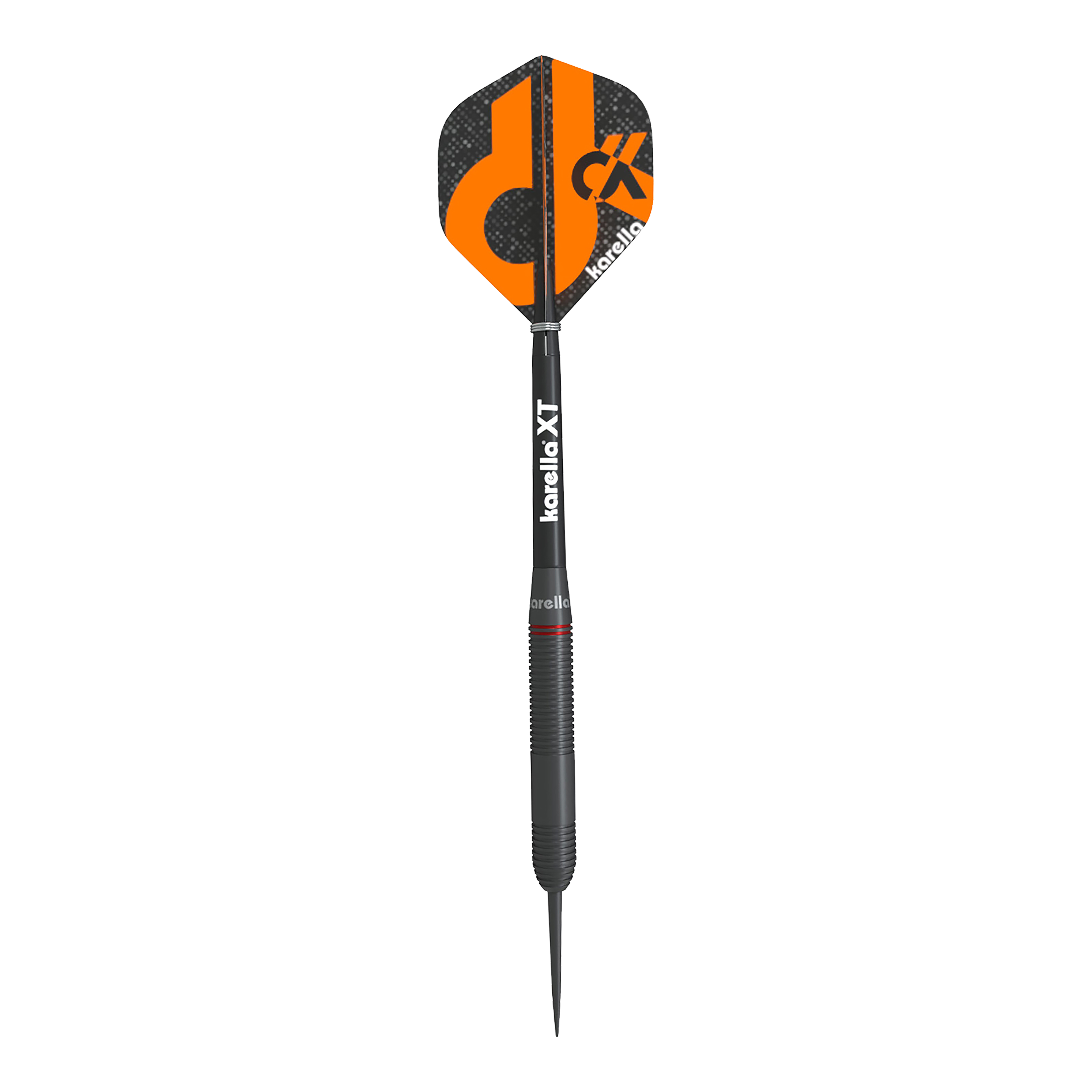 Karella Daniel Klose stalen dartpijlen Der Karella Daniel Klose Steeldart ist ein schwarzer Dartpfeil mit orangem Design auf dem Flight. Auf dem Schaft steht "karella XT" und der Flight trägt das Karella-Logo.