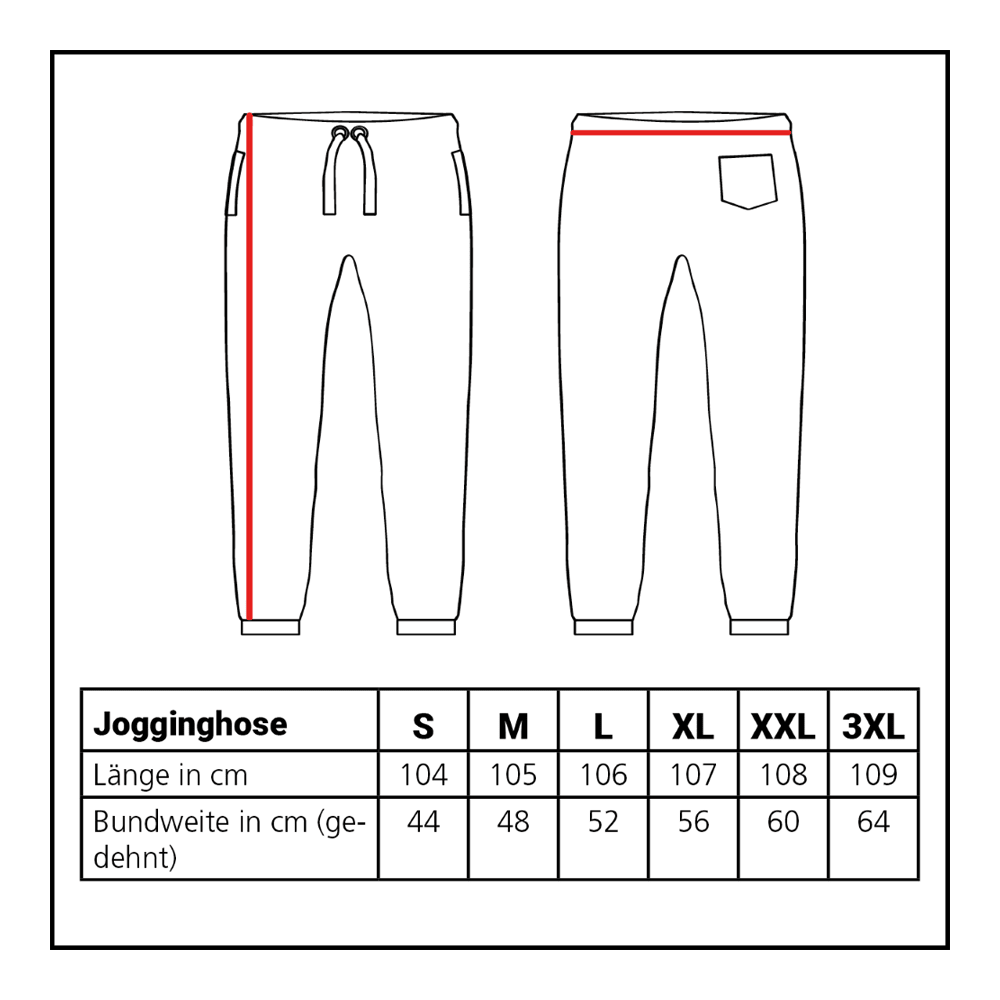 Joggingbroek uit de Lion Collection Abgebildet ist die Größentabelle für die Löwen Kollektion Jogger. Die Tabelle hilft bei der Auswahl der passenden Größe.