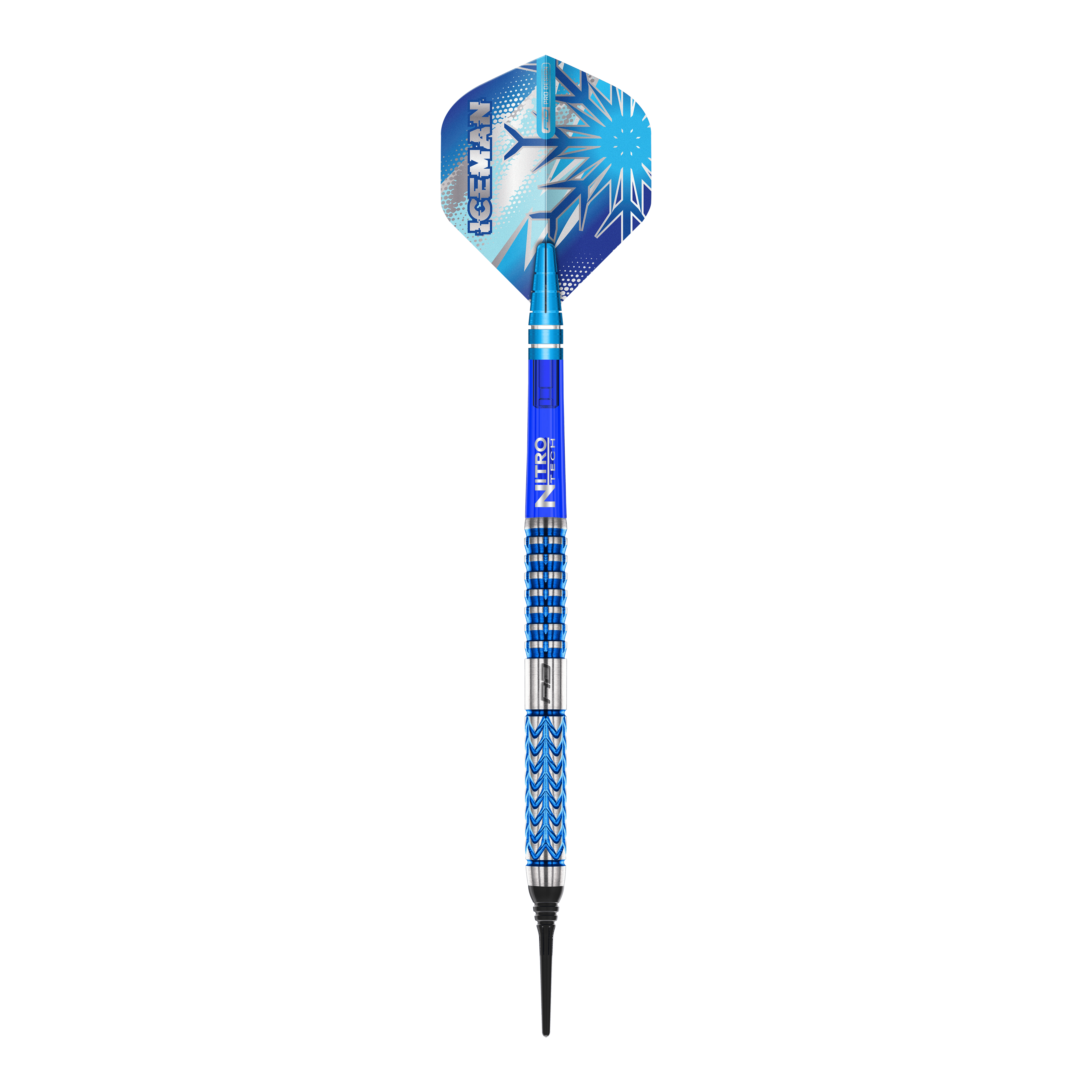 Red Dragon Gerwyn Prijs Glacier Softdarts - 18g Dieses Bild zeigt den Red Dragon Gerwyn Price Glacier Softdart mit einem Gewicht von 18g. Der Dart hat ein auffälliges blaues Design mit eisigen Mustern und dem Schriftzug "ICEMAN" auf der Flights.