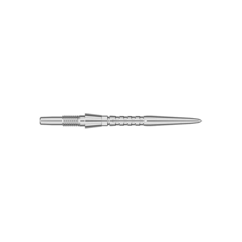 Target Swiss Point Storm Surge stalen dartpunten - zilver Das Bild zeigt eine silberne Steeldartspitze mit feinen Rillen und einem spitzen Ende. Die Spitze ist schlank und hat eine Länge von 26 mm.