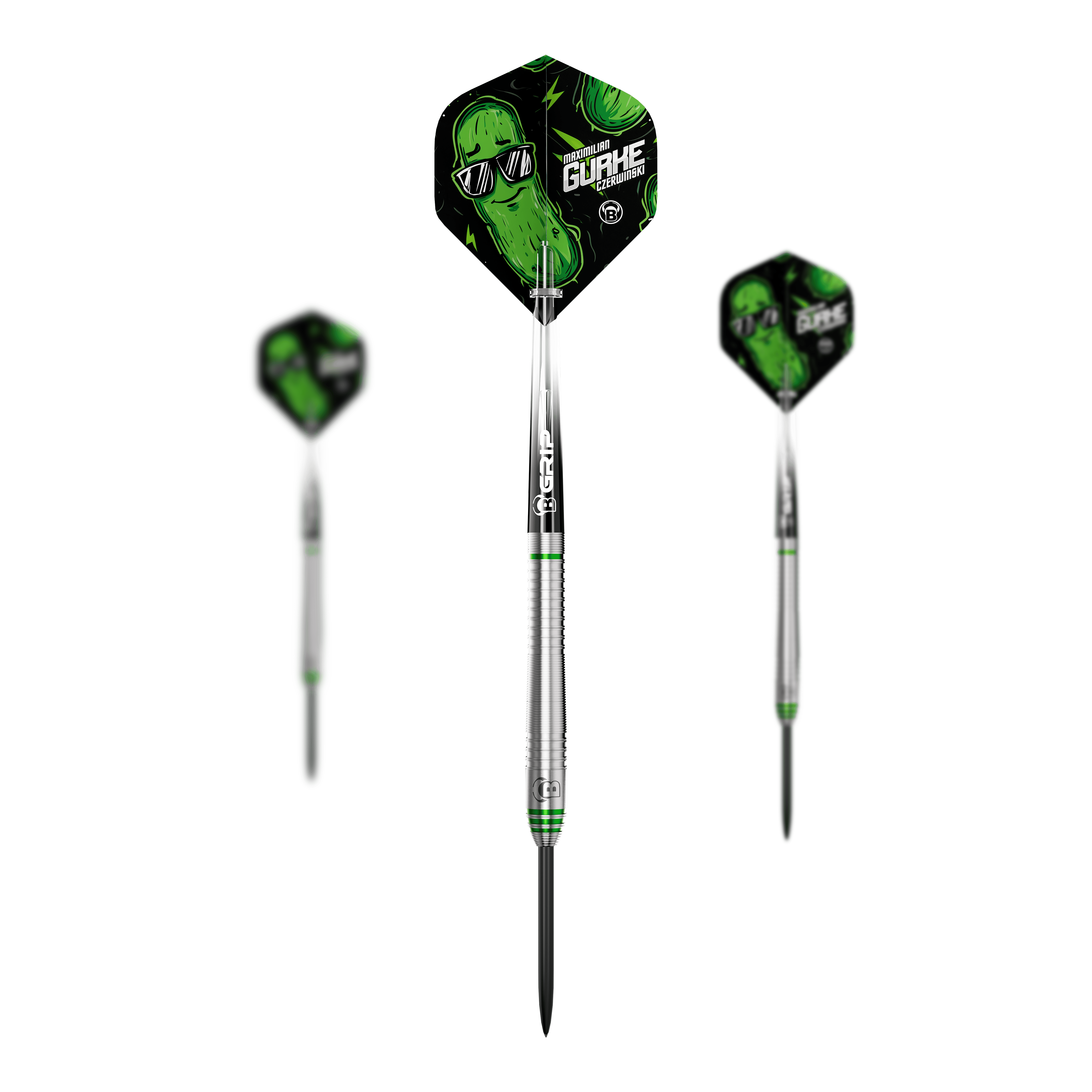 Bulls Max Czerwinski Gurke Steeldarts mit 23 Gramm Gewicht als Set. Auf dem Bild ist das gesamte Set zu sehen.