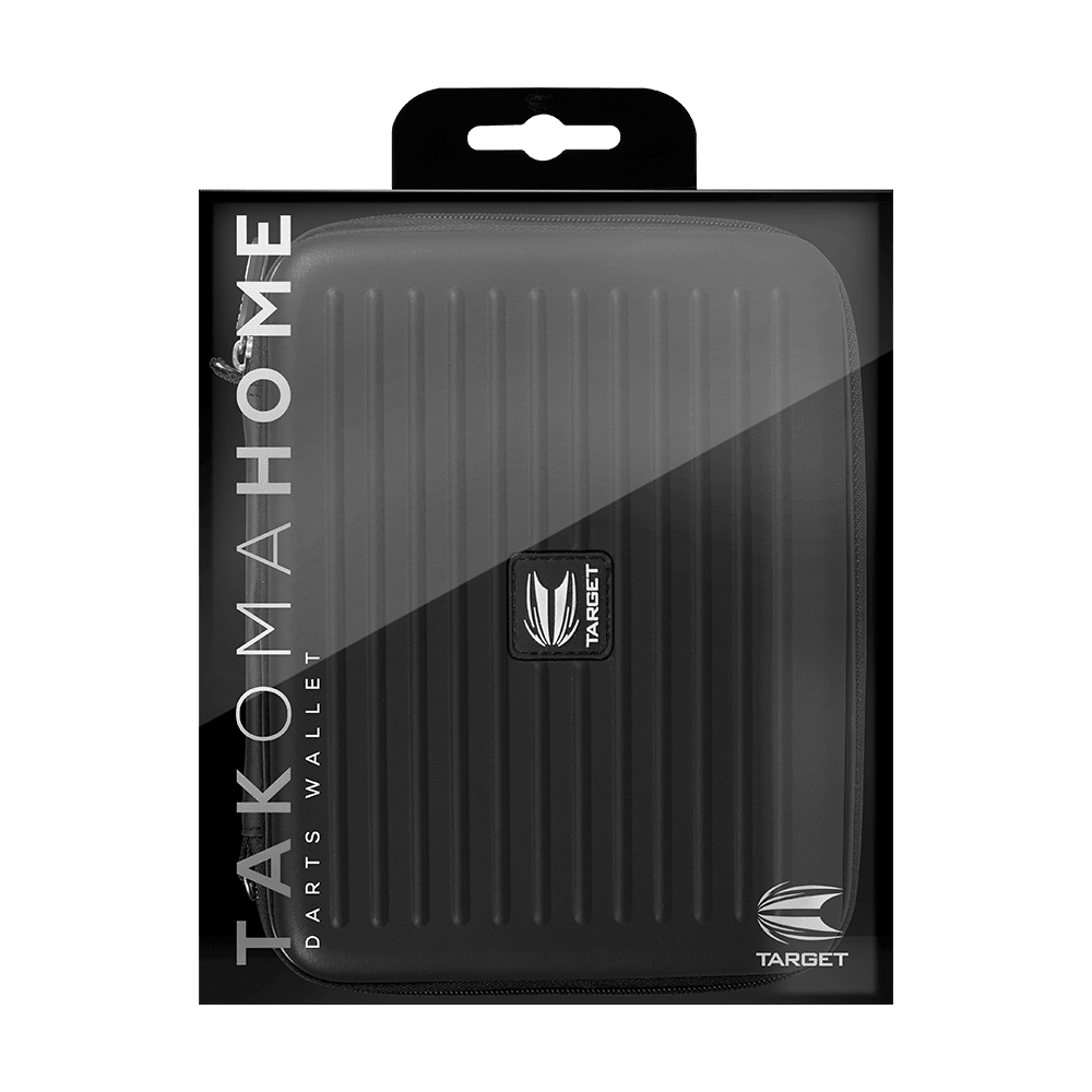 125860_Target_Takoma_Home_Dartwallet_Schwarz_3 Das Bild zeigt das Produkt "Target Takoma Home Dartwallet" in seiner Verpackung. Das Dartwallet ist schwarz und hat ein geriffeltes Design mit dem Target-Logo auf der Vorderseite.