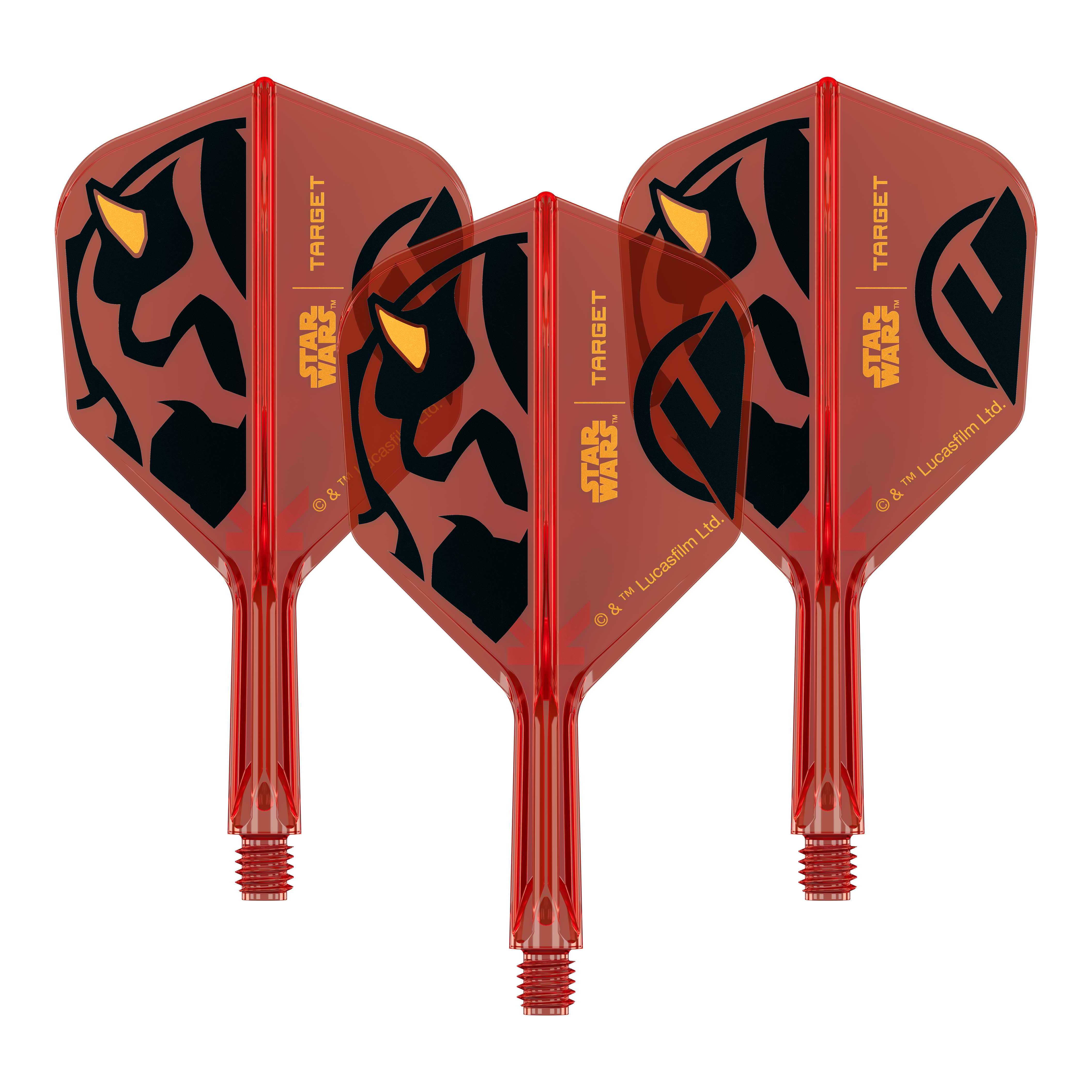 Target Star Wars K-Flex Darth Maul No6-vluchten Ein Set von Dartflights mit Star Wars Motiv, wie im Dateinamen '410520_Target_StarWars_KFlex_DarthMaul_No6_Flights_Short_19mm_1Set' angegeben. Das Bild zeigt mehrere Flights im Darth Maul Design.