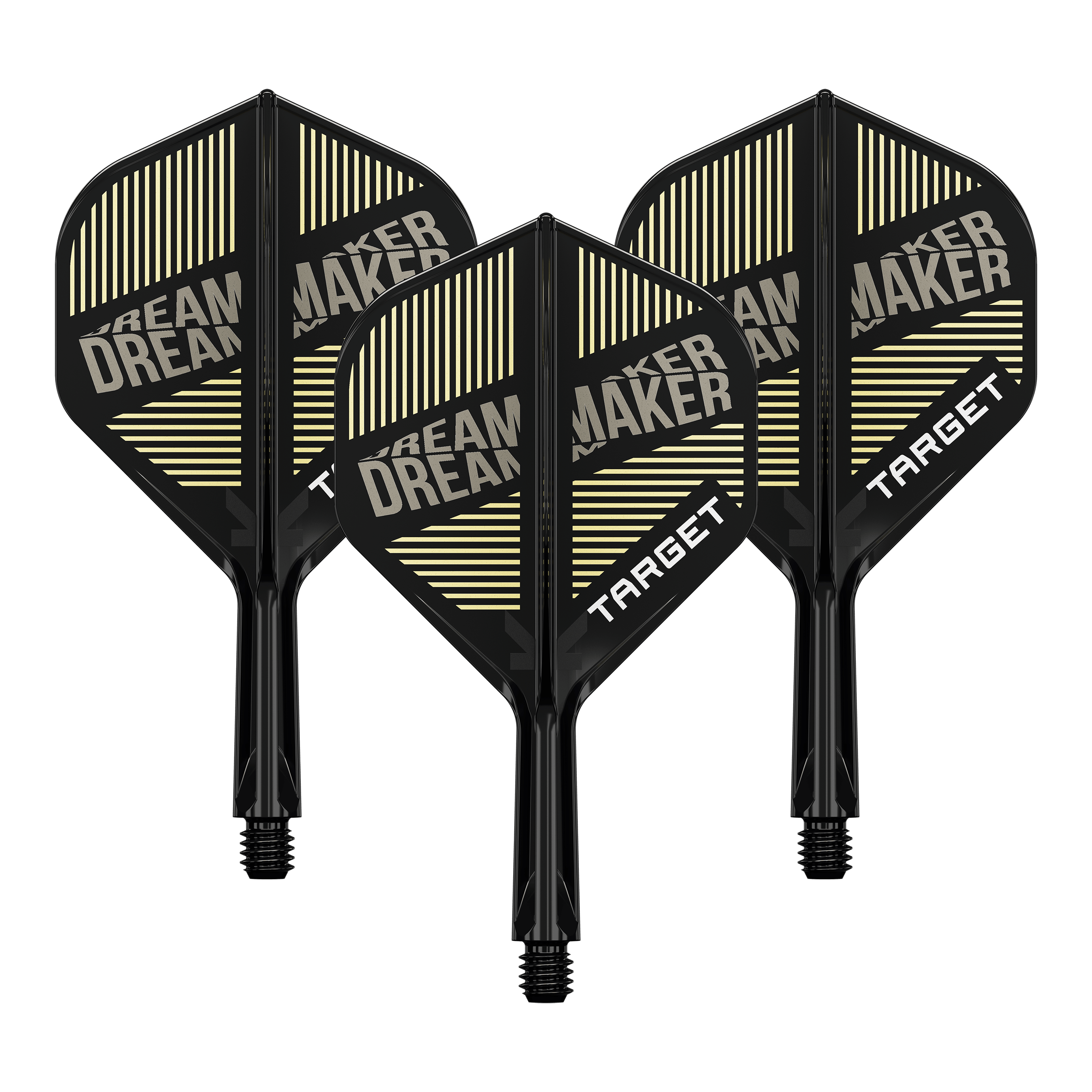 Target K-Flex Dimitri Van Den Bergh No2 Standaard Vluchtas Systeem Auf dem Bild sind drei schwarze Dartflights mit integriertem Schaft zu sehen. Auf den Flights steht „DREAM MAKER“ und „TARGET“ in weißen Buchstaben.