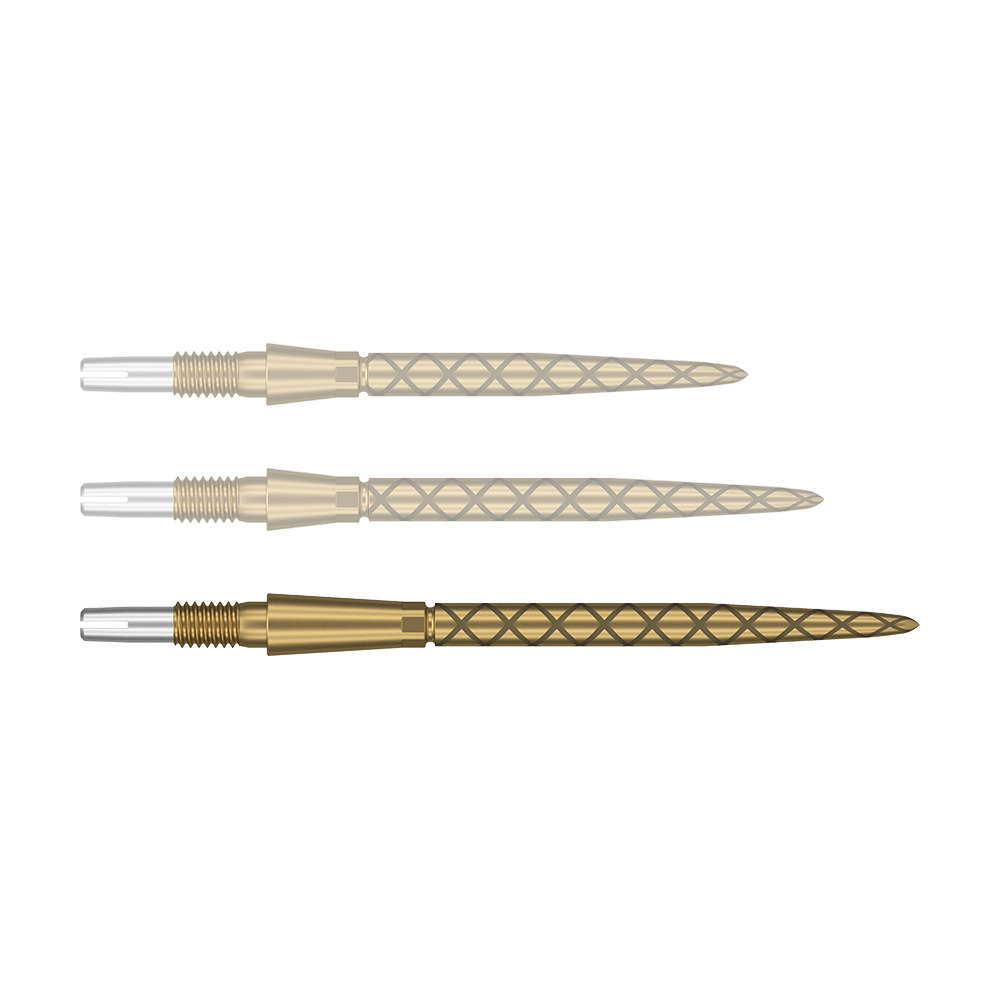 Target Swiss Storm Diamond Point Dartpunten - Goud Das Bild zeigt drei goldfarbene Dartspitzen mit einem rautenförmigen Muster. Die Enden der Spitzen sind silbern und haben ein Gewinde zum Befestigen.