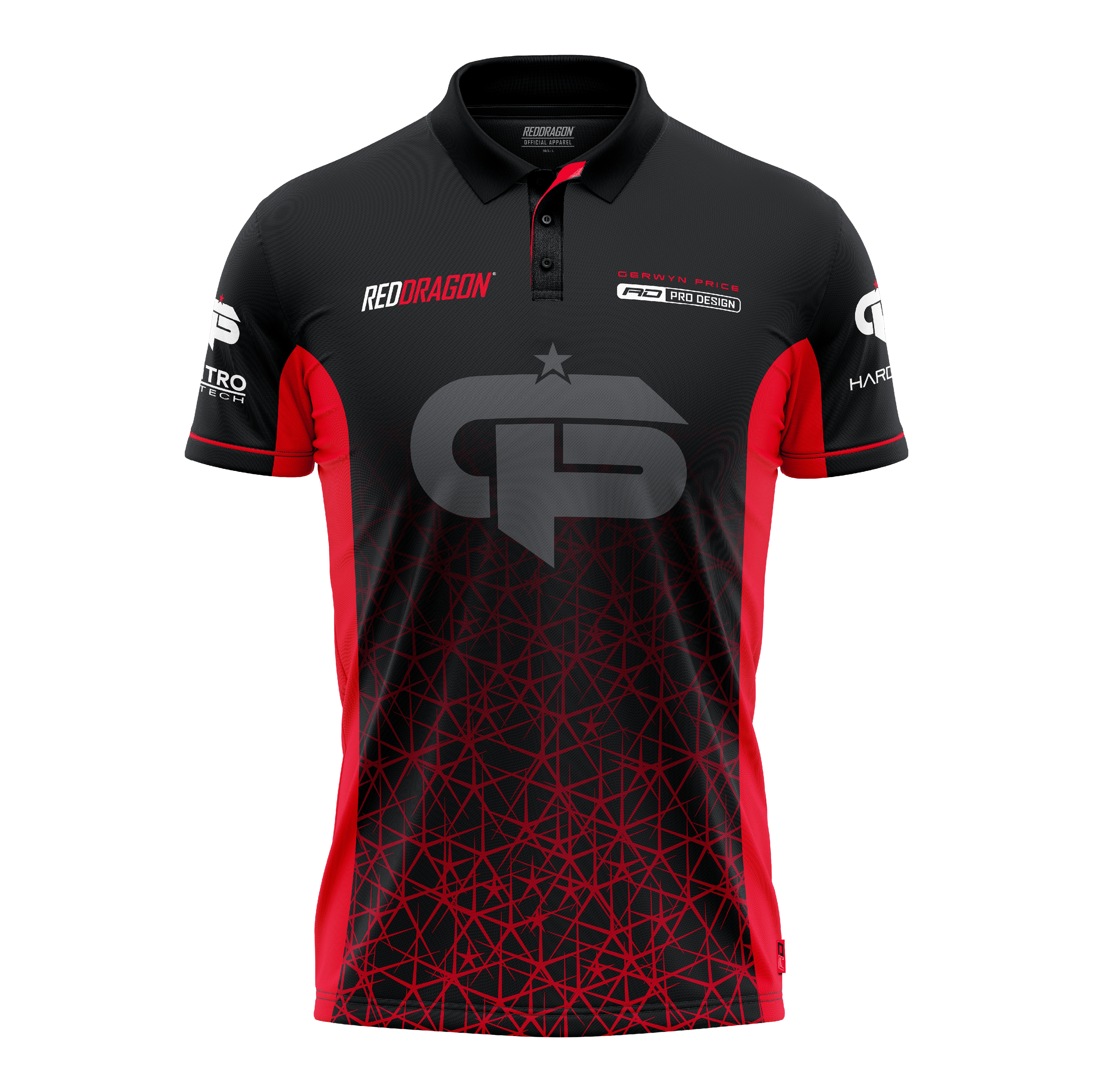 Red Dragon Gerwyn Price Rood Tour-polodartshirt Das Bild zeigt ein schwarzes und rotes Dartshirt mit dem Namen "Red Dragon Gerwyn Price Red Tour Polo Dartshirt". Auf der Vorderseite sind Logos und ein großes GP-Emblem zu sehen.