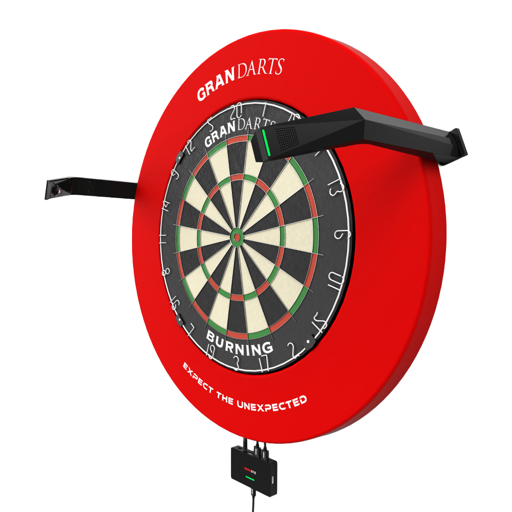 GranDarts Gran Eye GEN2 Steeldart automatisch scoresysteem Das Bild zeigt das GranDarts GranEye Steeldart Auto-Scoring-System mit einer roten Umrandung um die Dartscheibe. Zwei schwarze Arme mit Sensoren ragen seitlich heraus, um die automatische Punktezählung zu ermöglichen.