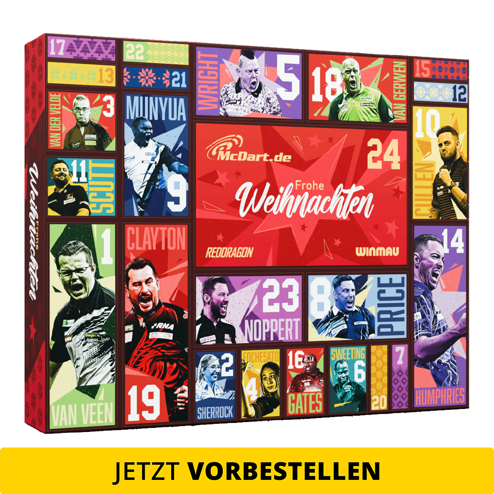 McDart stalen dartpijlen adventskalender 2026 Das Bild zeigt den McDart Steel-Darts Adventskalender 2026. Die Abbildung betont das besondere Angebot für Dart-Fans.