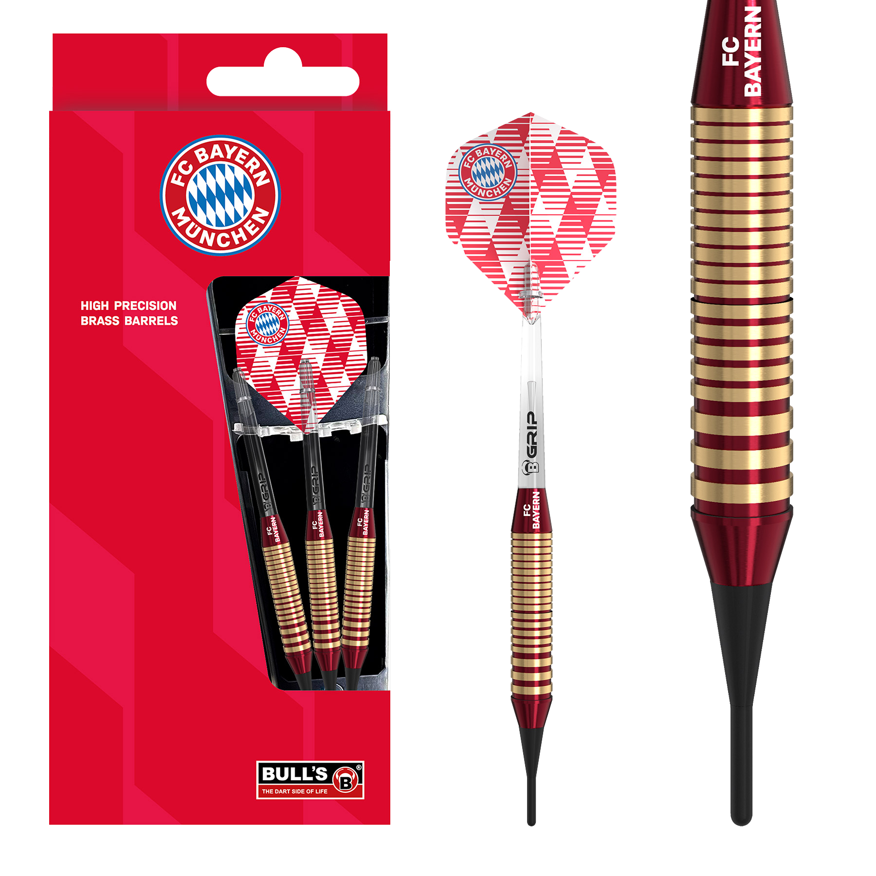 Bulls FC Bayern München messing softdarts - 18 g Das Bild zeigt die Bulls FC Bayern München Brass Softdarts mit einem Gewicht von 18g. Das Produkt ist speziell für Fans des FC Bayern München entworfen.