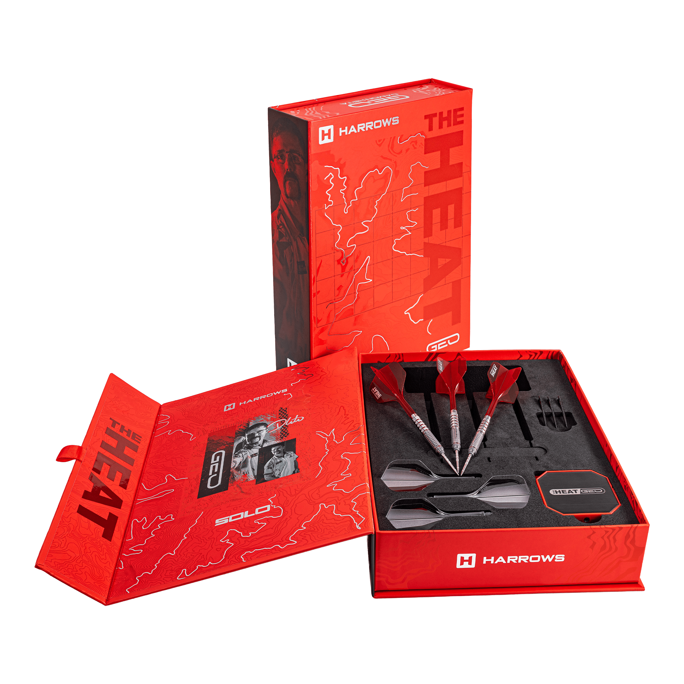 Harrows Damon Heta Geo Quick Point Steeldarts werden gezeigt. Diese Darts sind filigran und technisch ausgearbeitet.