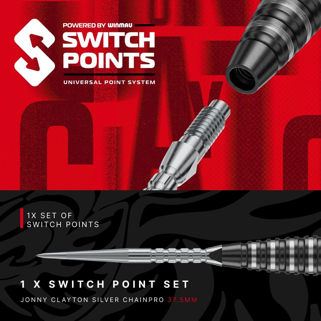 Red Dragon Jonny Clayton RD-PRO Switch Point stalen dartpijlen Das Bild präsentiert Red Dragon Jonny Clayton RD-PRO Switch Point Steeldarts. Die Dartpfeile sind geordnet auf einer hellen Fläche zu sehen.
