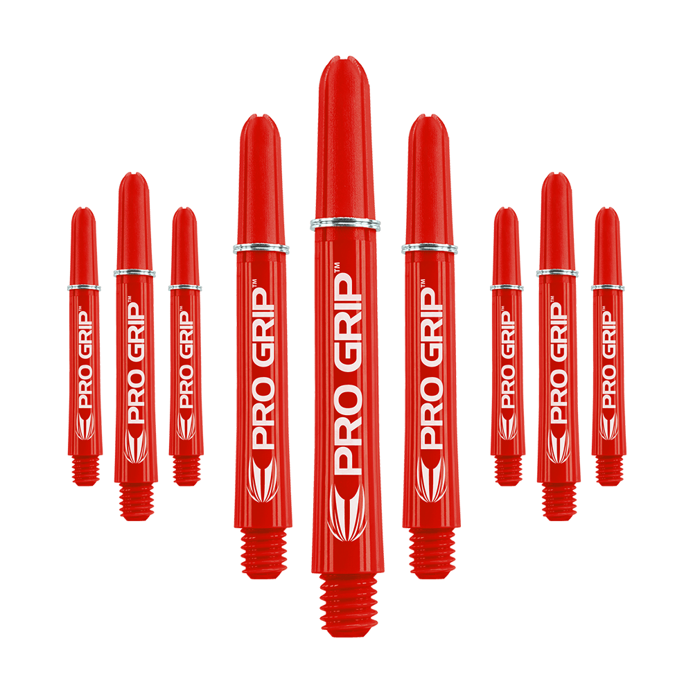 Target Pro Grip Shafts - 3 sets - Rood Das Bild zeigt mehrere rote Dartschäfte mit der Aufschrift "PRO GRIP". Die Schäfte sind in einer symmetrischen Anordnung dargestellt und heben sich deutlich vom Hintergrund ab.