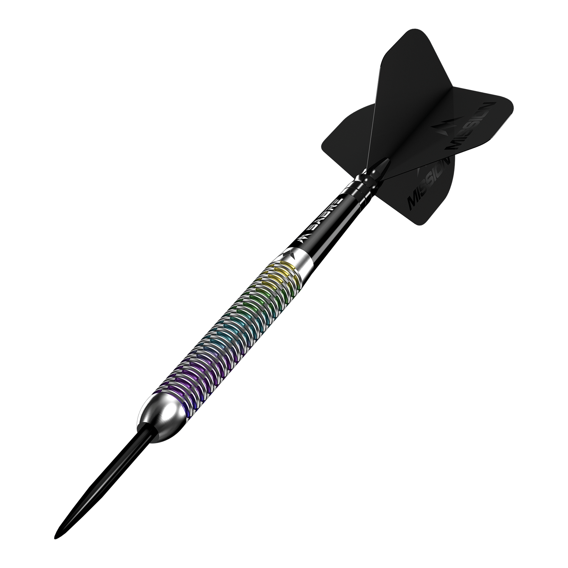 Abgebildet sind die Mission Kaleidos Steeldarts. Diese farbenfrohen Dartpfeile sind für den professionellen Einsatz geeignet.
