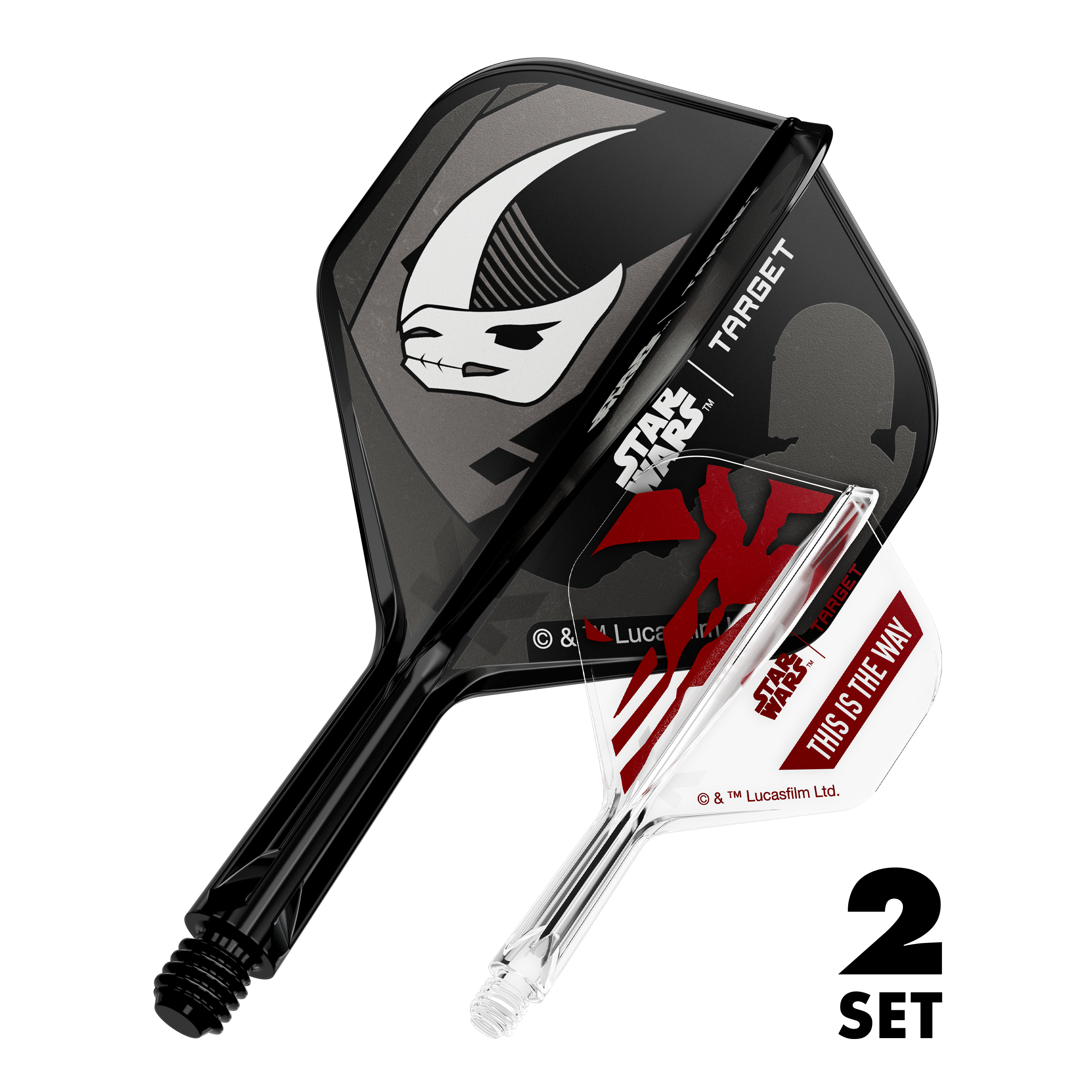 Target Star Wars K-Flex Set Mandalorian No2 Standaard Flights Zu sehen sind zwei Dart-Flights im Mandalorianer-Design aus Star Wars. Dies ist das Set 'K-Flex Mandalorian 2PackSet No2 Standard Flights' mit 19mm.