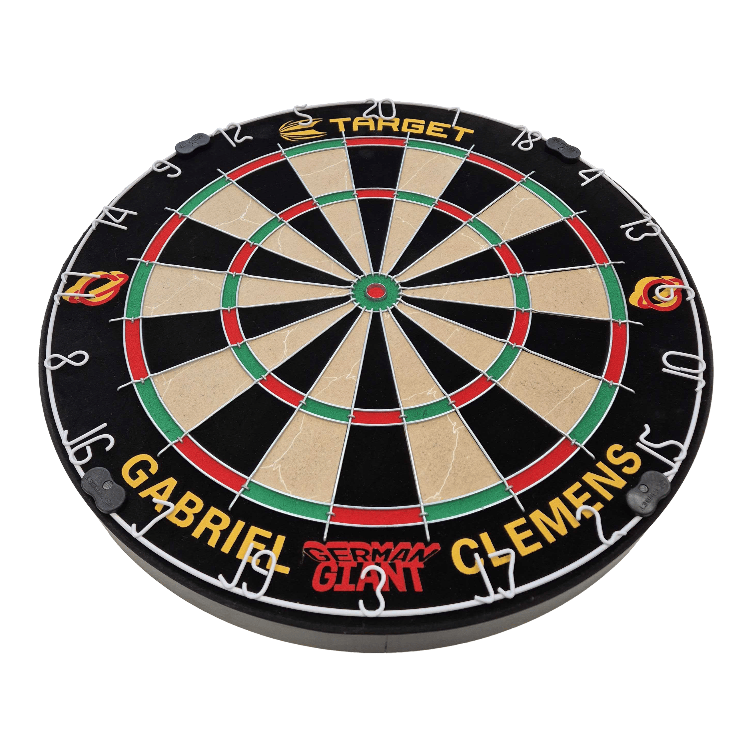 Target Gabriel Clemens stalen dartbordset Dies ist eine Steeldartboard-Set mit der Aufschrift „Gabriel Clemens“ und „German Giant“. Das Board ist von der Marke Target und hat die klassischen Farben und Markierungen eines Dartboards.