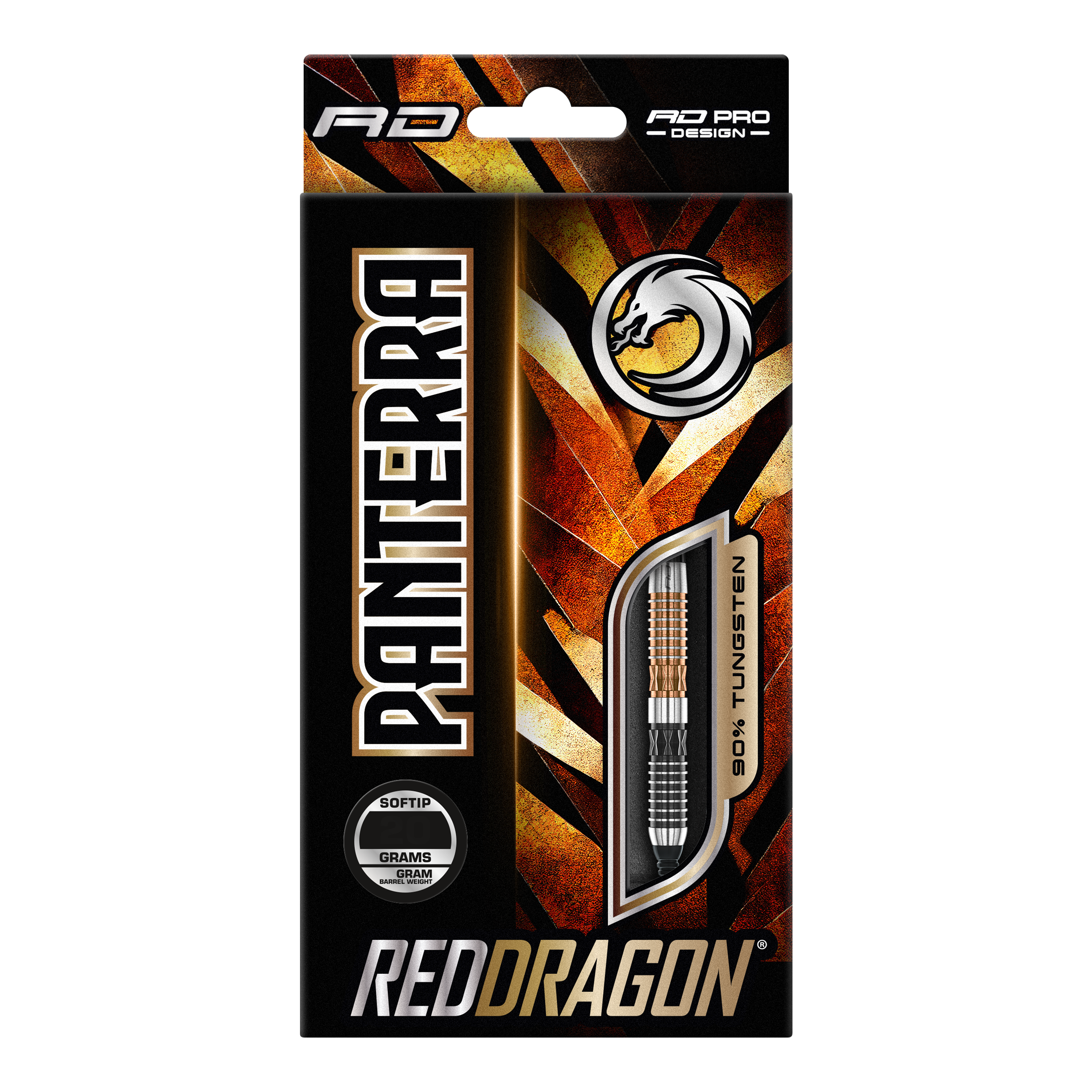 Red Dragon Panterra zachte dartpijlen - 20g Das Bild zeigt eine Verpackung der "Red Dragon Panterra Softdarts - 20g". Die Packung ist auffällig gestaltet und hebt den Schriftzug "Panterra" sowie das Red Dragon-Logo hervor.