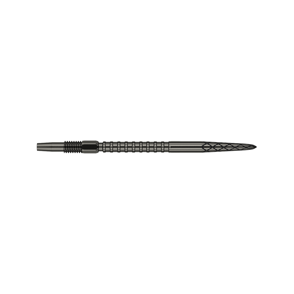 Target Swiss DS Surge Point dartpunten - Zwart Das Bild zeigt eine schwarze Dartspitze mit geriffelten und eingekerbten Mustern. Die Spitze ist 35 mm lang und hat ein elegantes, technisches Design.