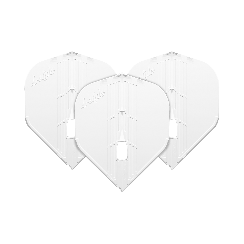 L-Style KAMI L1PRO Flights Das Bild zeigt drei weiße Dart-Flights, die nebeneinander angeordnet sind. Auf jedem Flight ist das Wort "L-style" eingraviert.