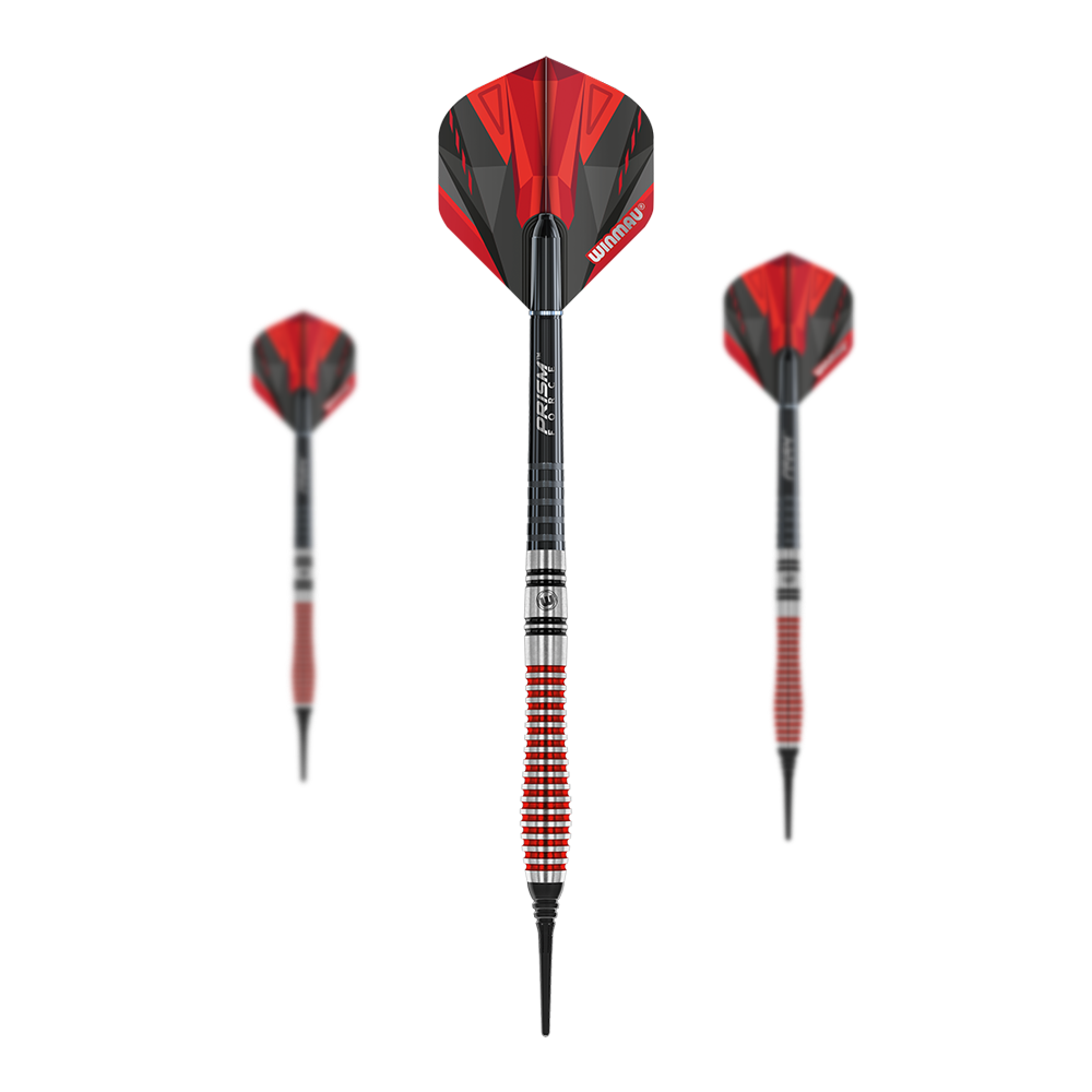Winmau Dennis Priestley Special Edition Softdarts - 22g Das Bild zeigt die Winmau Dennis Priestley Special Edition Softdarts mit einem Gewicht von 22g. Die Darts haben ein auffälliges Design in Rot, Schwarz und Silber.