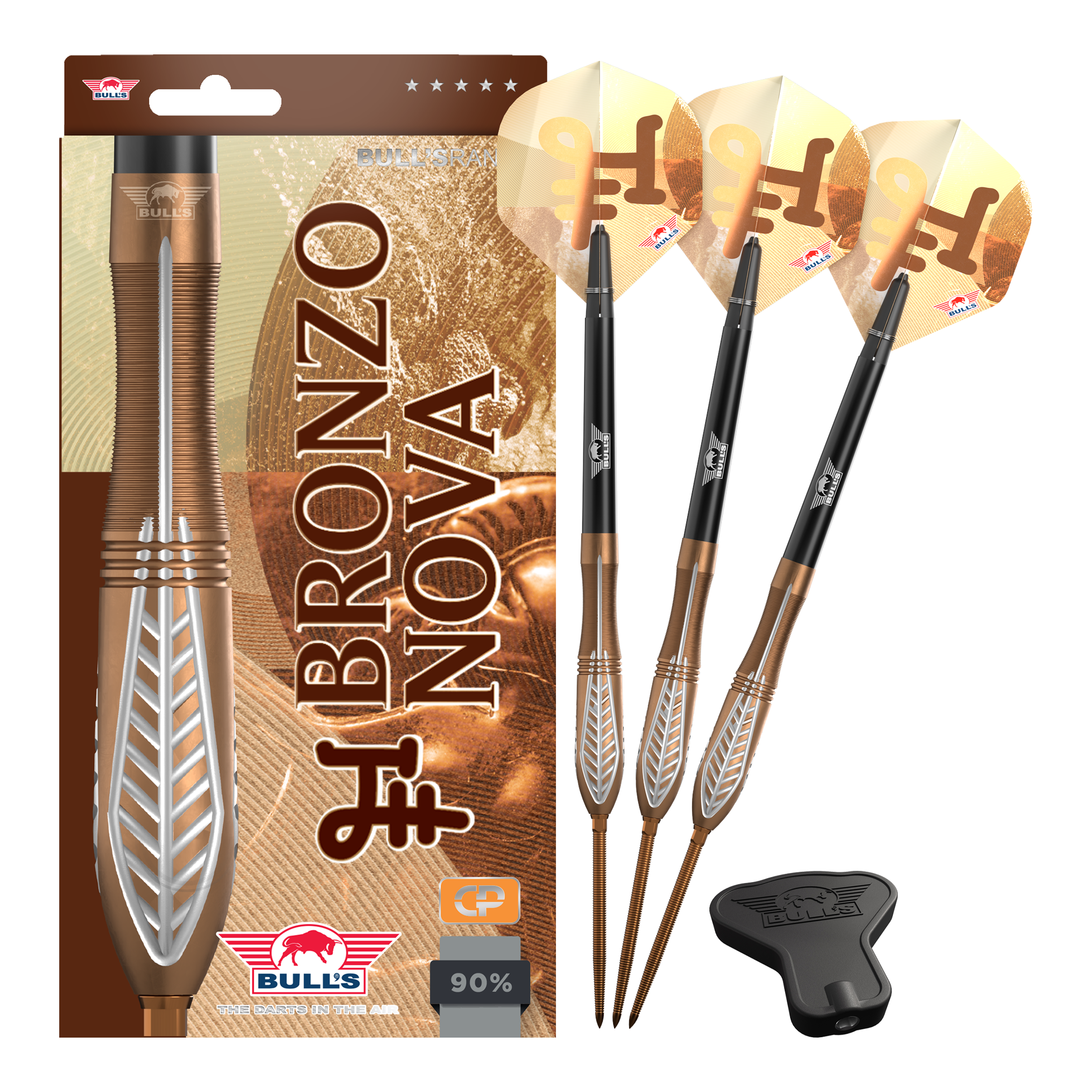 Bulls NL Bronzo Nova Convertible Point stalen dartpijlen Das Bild zeigt Bulls NL Bronzo Nova Convertible Point Steeldarts in Komplettdarstellung. Das Set ist metallfarben.