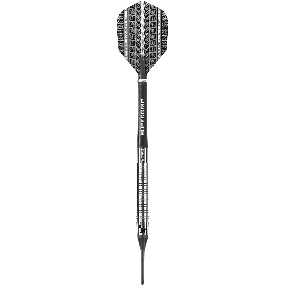 HA11810-Harrows-Supergrip-90-Softdarts-1OkdwLnO7Q5tvN Das Bild zeigt einen Harrows Supergrip 90% Softdart. Der Dart ist silberfarben mit schwarzen Akzenten und einer beschrifteten Flights.