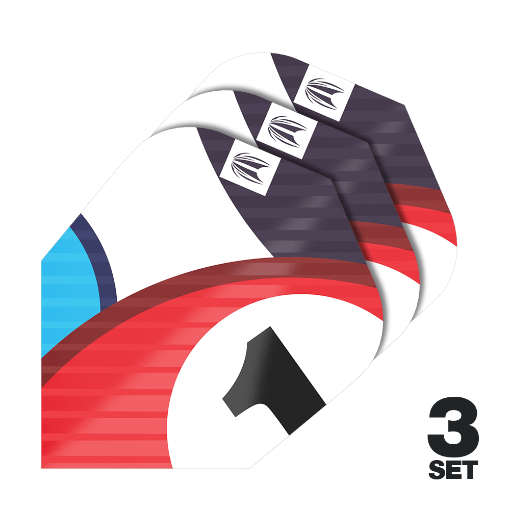 Target Pro Ultra Chicane Blauw Ten-X Flights - 3 sets Das Bild zeigt drei Sets der Target Pro Ultra Chicane Blue Ten-X Flights. Die Flights haben ein farbenfrohes Design mit Rot, Blau, Weiß und Schwarz sowie einer Nummer 1.