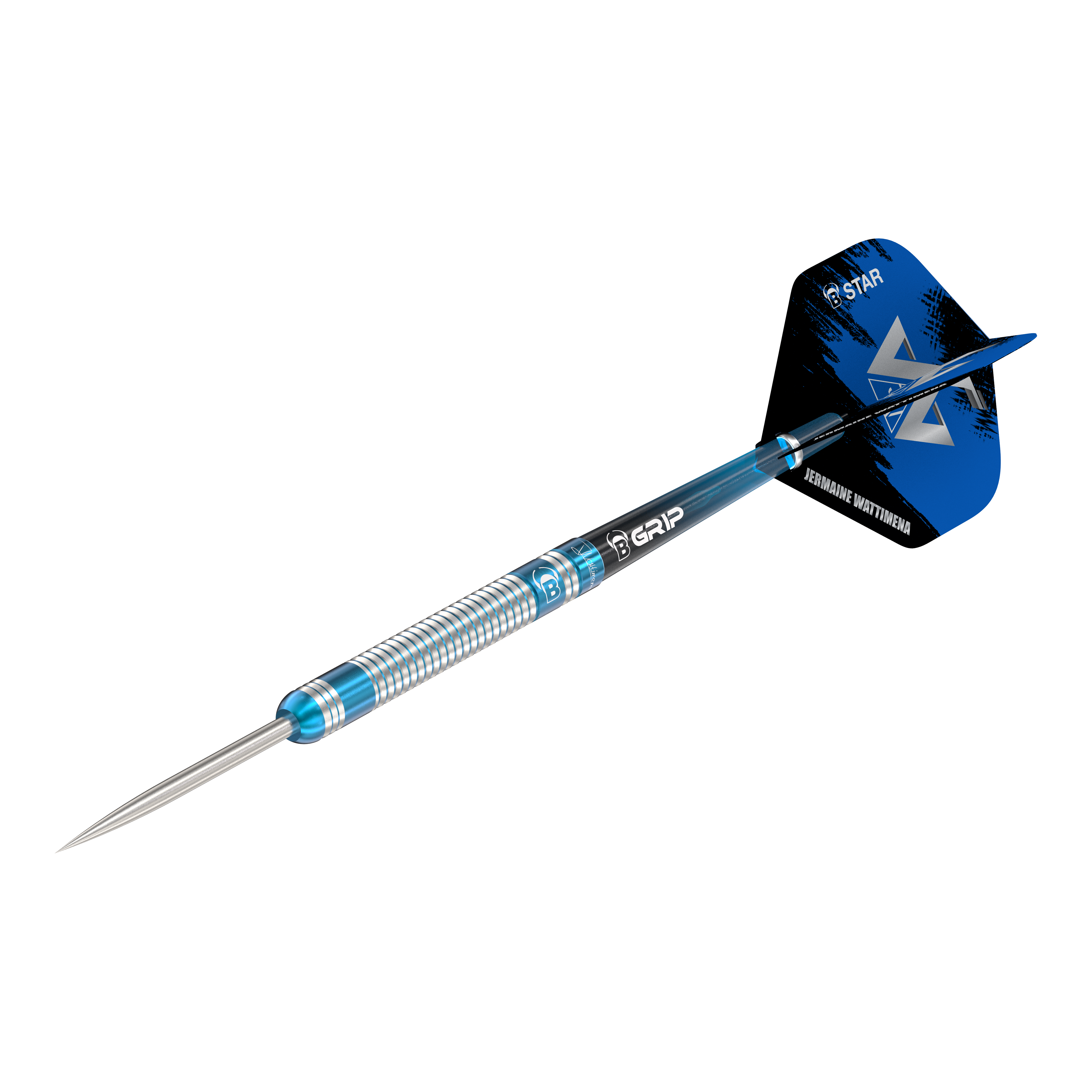 Bulls Jermaine Wattimena Generatie 3 steel darts Das Bild zeigt einen Steeldartpfeil mit silber-blauer Riffelung am Barrel. Auf dem Flight steht „Jermaine Wattimena“ und er ist mit dem Produktnamen „Bulls Jermaine Wattimena Generation 3 Steeldarts“ versehen.