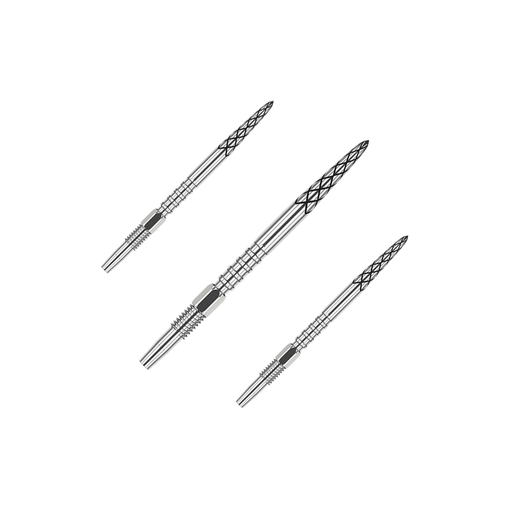 Target Swiss DS Surge Point dartpunten - Zilver Das Bild zeigt drei silberne Dartspitzen mit feinen Gravuren. Sie sind in einer diagonalen Linie angeordnet und haben ein modernes Design.