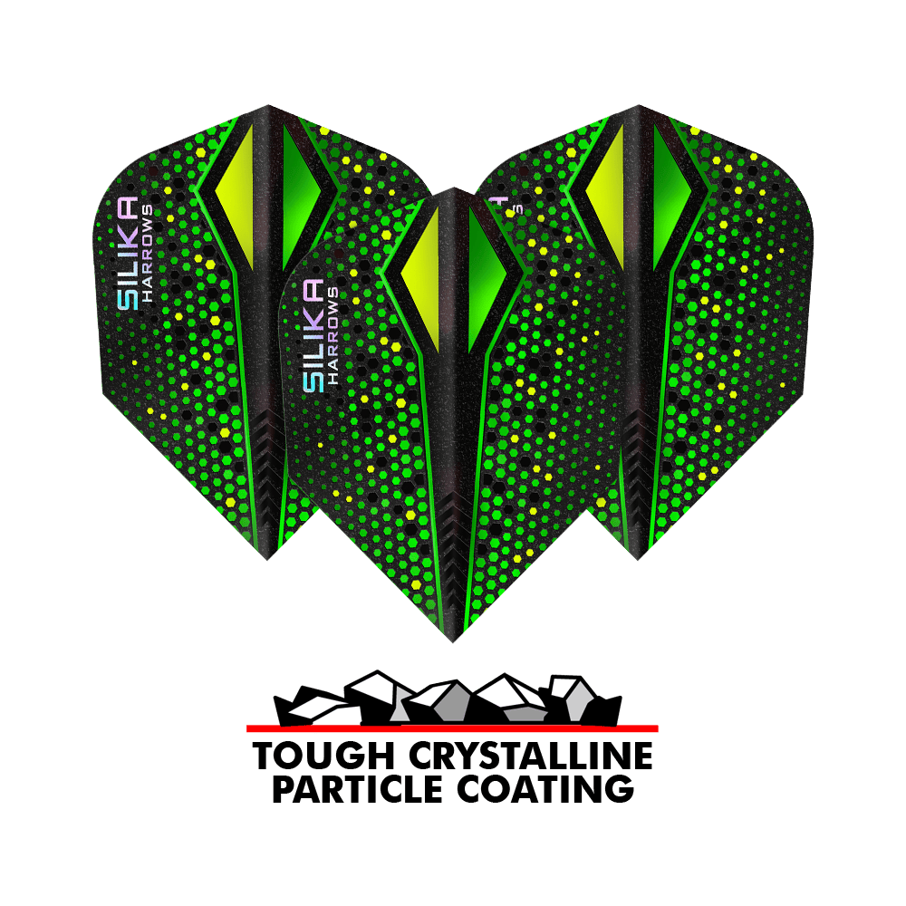 Harrows Silika Colorshift sterke kristallijne coating Green-X No6 Flights Im Bild erkennbar sind die Harrows Silika Colourshift Tough Crystalline Coating Green-X No6 Flights. Auffällige Muster sind sichtbar.