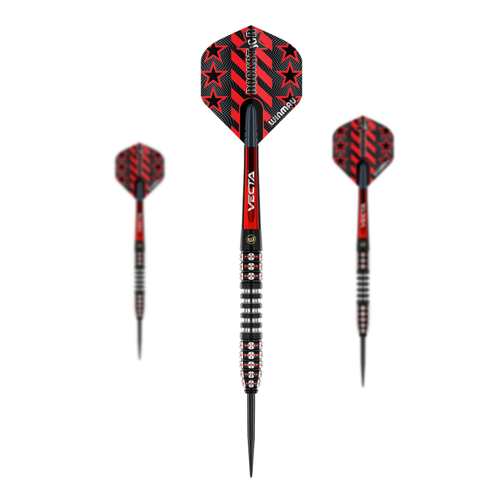 Winmau Joe Cullen Ignition Series Steeldarts Das Bild zeigt die Winmau Joe Cullen Ignition Series Steeldarts. Die Darts sind schwarz und rot gestaltet und haben rote Sterne auf den Flights.
