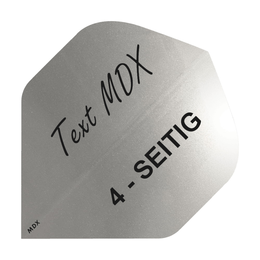 10 sets bedrukte metalen vluchten 4-zijdig - aangepaste tekst - MDX Standaard Das Bild zeigt einen silbernen Dartflight mit der Aufschrift "Text MDX" und "4-SEITIG". Der Flight hat eine metallische Oberfläche und eine spezielle Form.