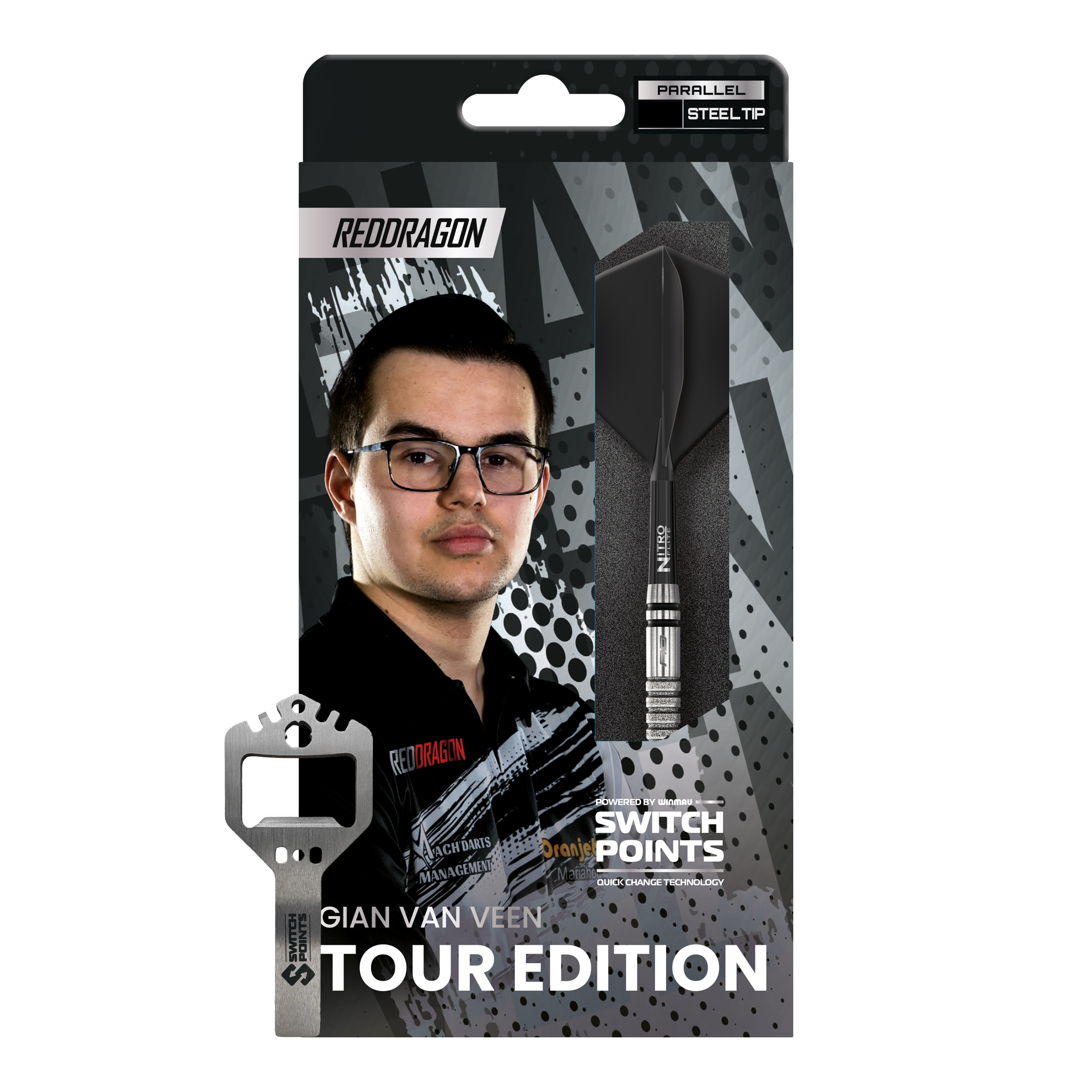 Red Dragon Gian Van Veen Tour Edition Switch Point Steeldarts - 21 g Das Bild zeigt die Red Dragon Gian Van Veen Tour Edition Switch Point Steeldarts - 21g. Die Darts haben ein modernes und robustes Design.