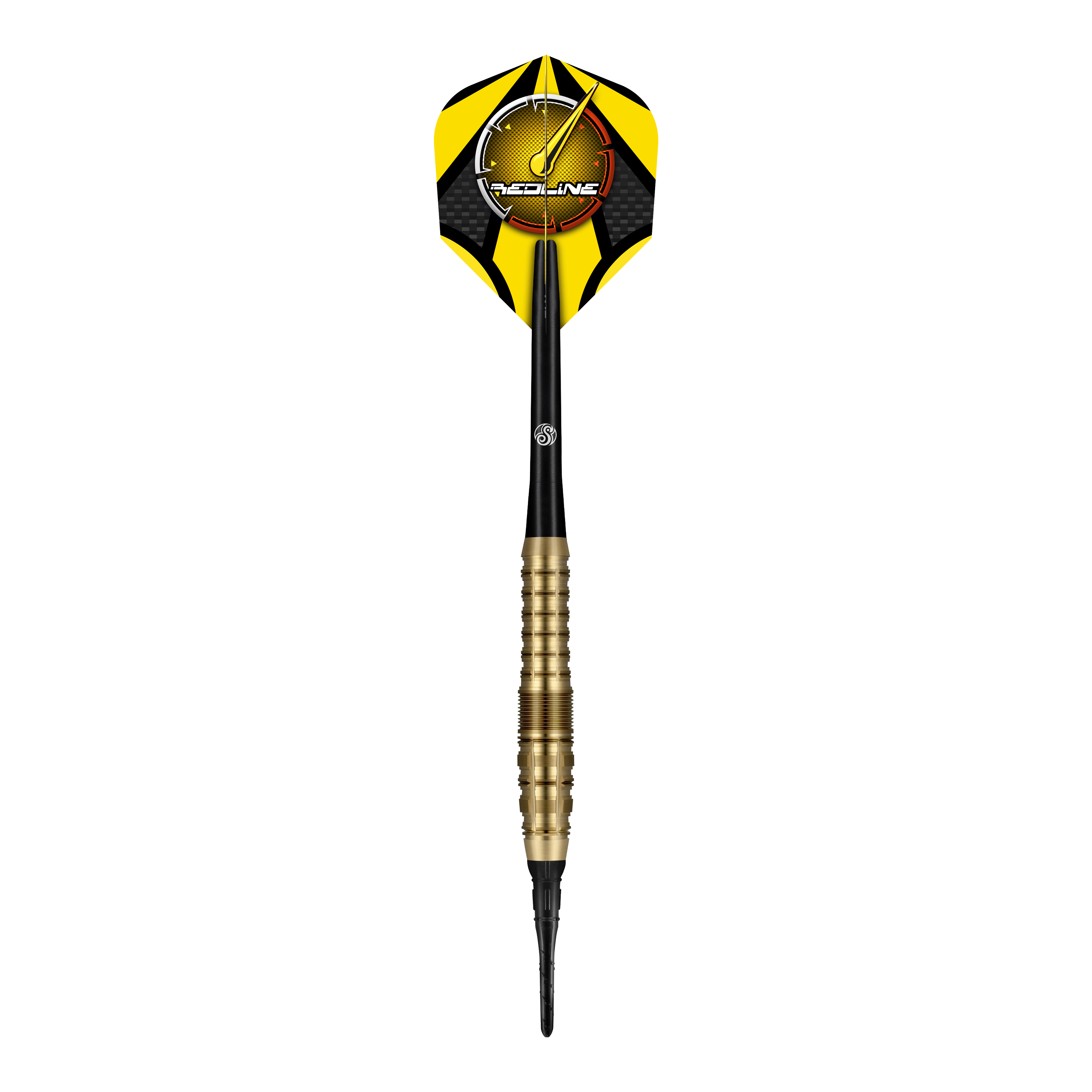 Shot Redline Gizmo Soft Darts - 20g Der "Shot Redline Gizmo Softdart - 20g" ist ein Softdartpfeil mit gelben und schwarzen Flights. Der Dart hat einen goldfarbenen Griff und eine schwarze Spitze.