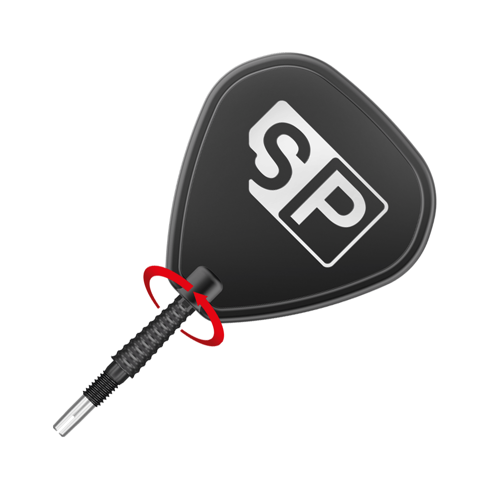 Target Swiss Storm LNC dartpunten - Zwart Das Bild zeigt eine schwarze Dartspitze mit dem weißen „SP“-Logo darauf. Die Spitze ist schräg platziert und durch einen roten Pfeil hervorgehoben.