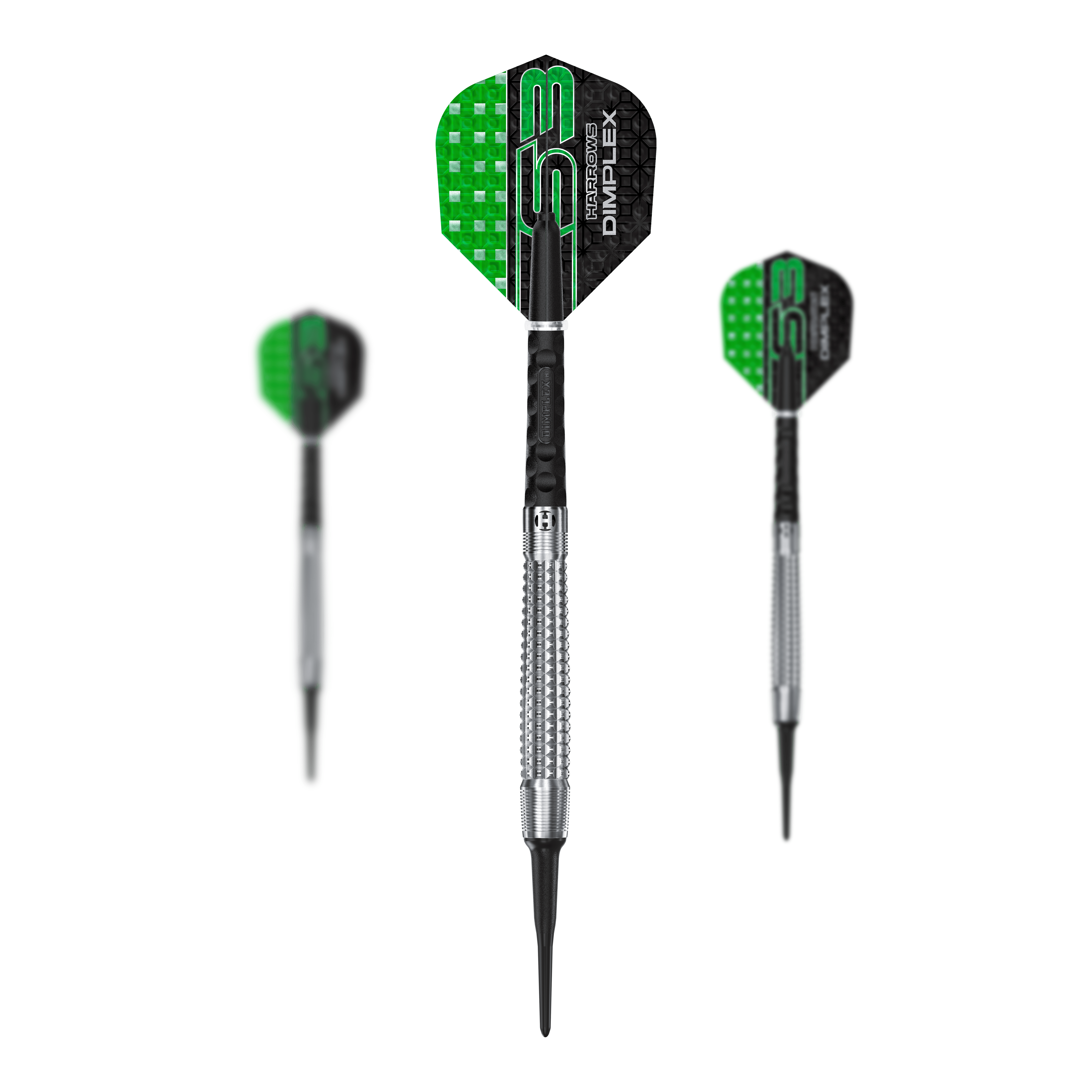 Harrows Dimplex S3 taps toelopende zachte darts Das Set Harrows Dimplex S3 Tapered Softdarts wird gezeigt. Die Darts haben ein spezielles Griffdesign.